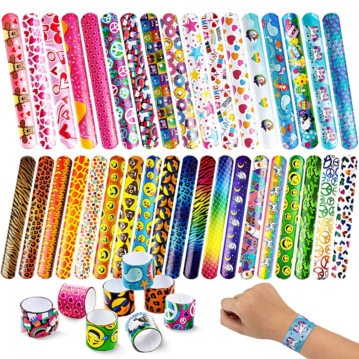 JOYIN 60 Pcs Slap Bracelets for Kids – 36 Designs, Party Favors & Classroom Prizes