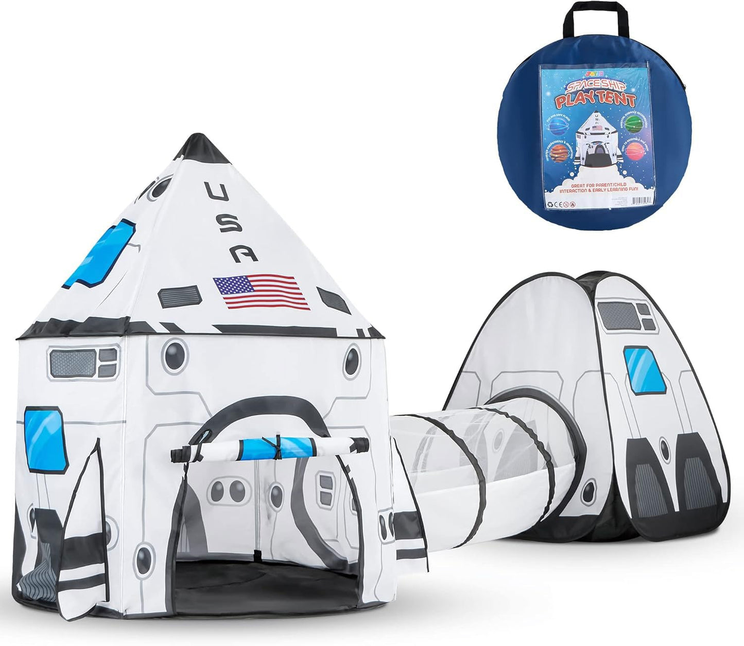 JOYIN White Rocket Ship Pop Up Play Tent with Tunnel – Indoor & Outdoor Kids Space Playset