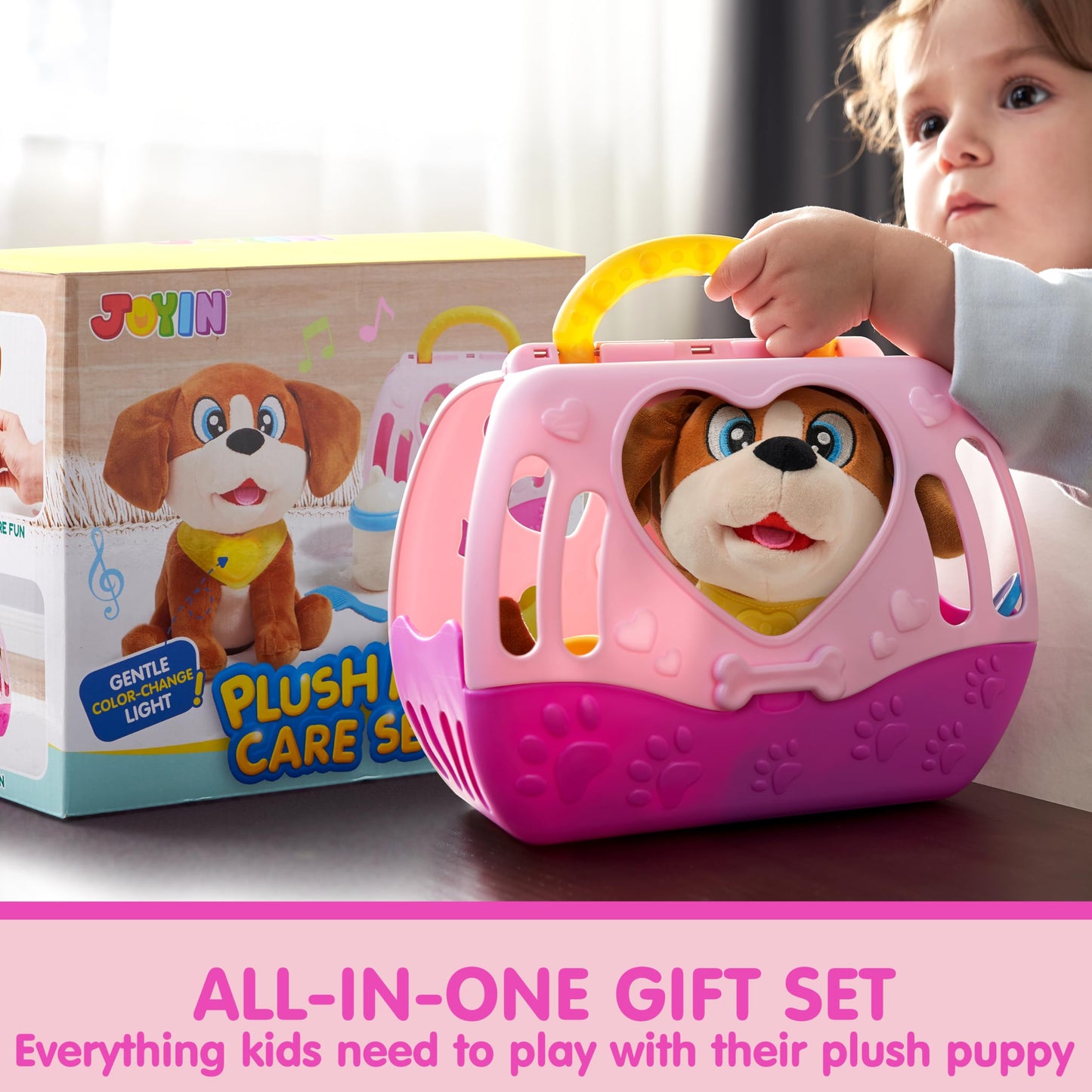 JOYIN Toy Dog for Toddlers – Plush Pet Care Set with Carrier, Lights & Sounds