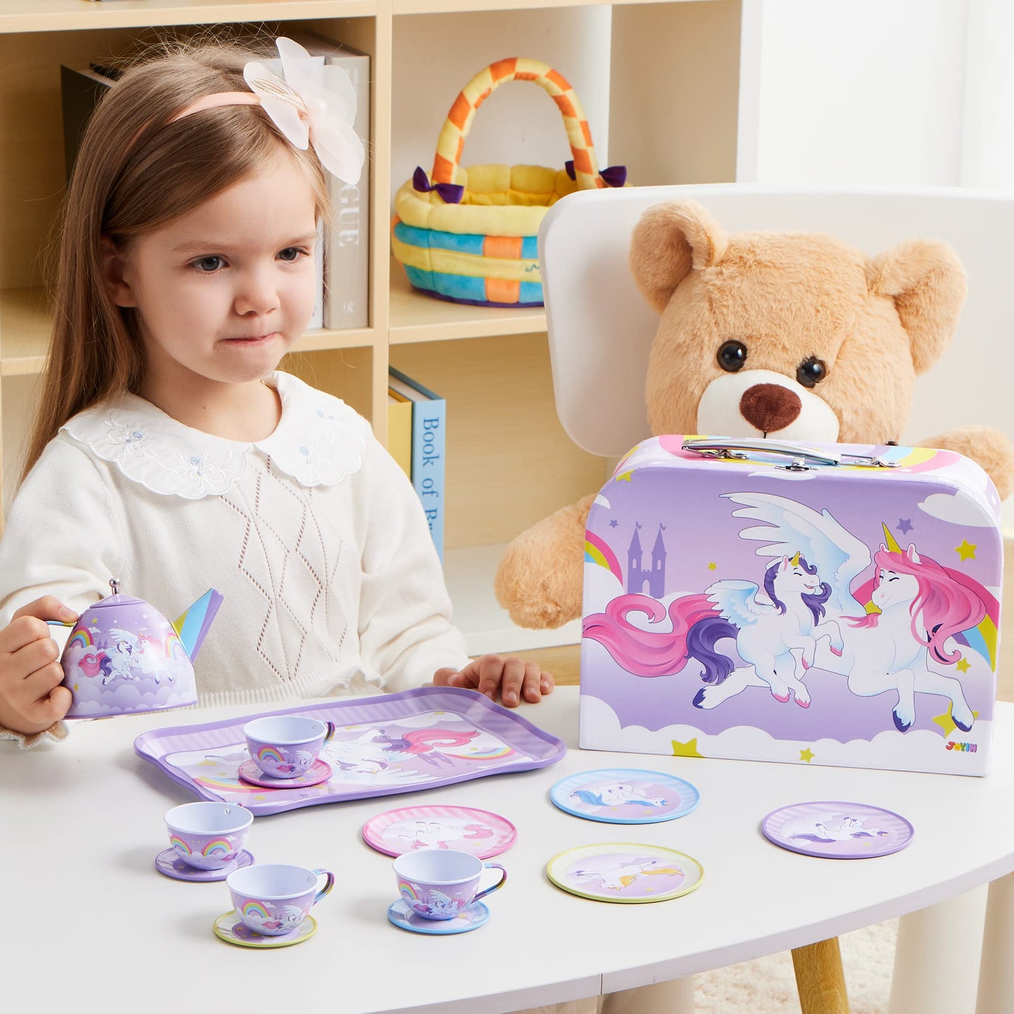 JOYIN Unicorn Tea Party Set for Kids — Pretend Tin Teapot, Cups & Plates with Carrying Case