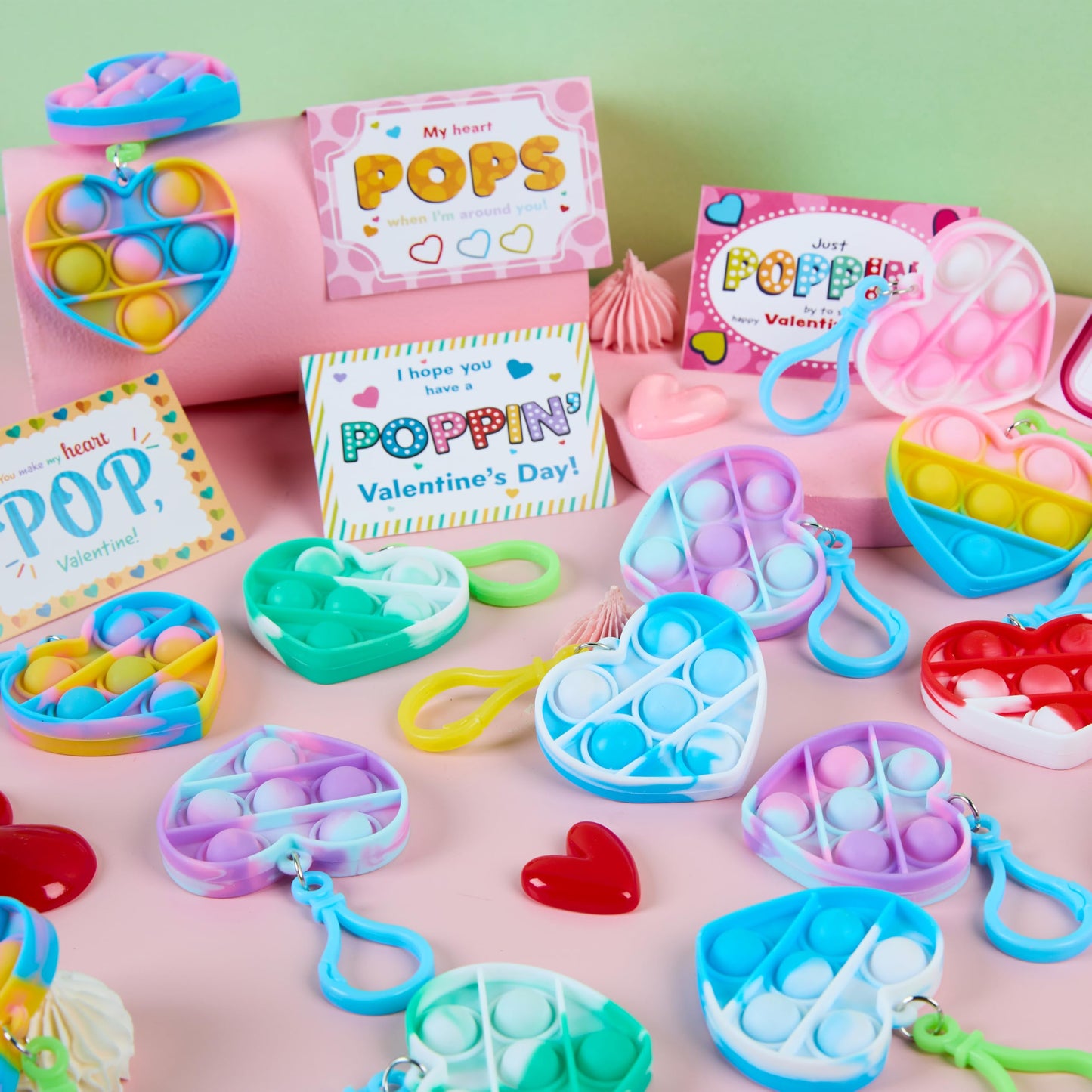 JOYIN 30 Pack Valentines Gift Cards with Pop Fidget Keychains | Stress-Relief Toys & Classroom Prizes