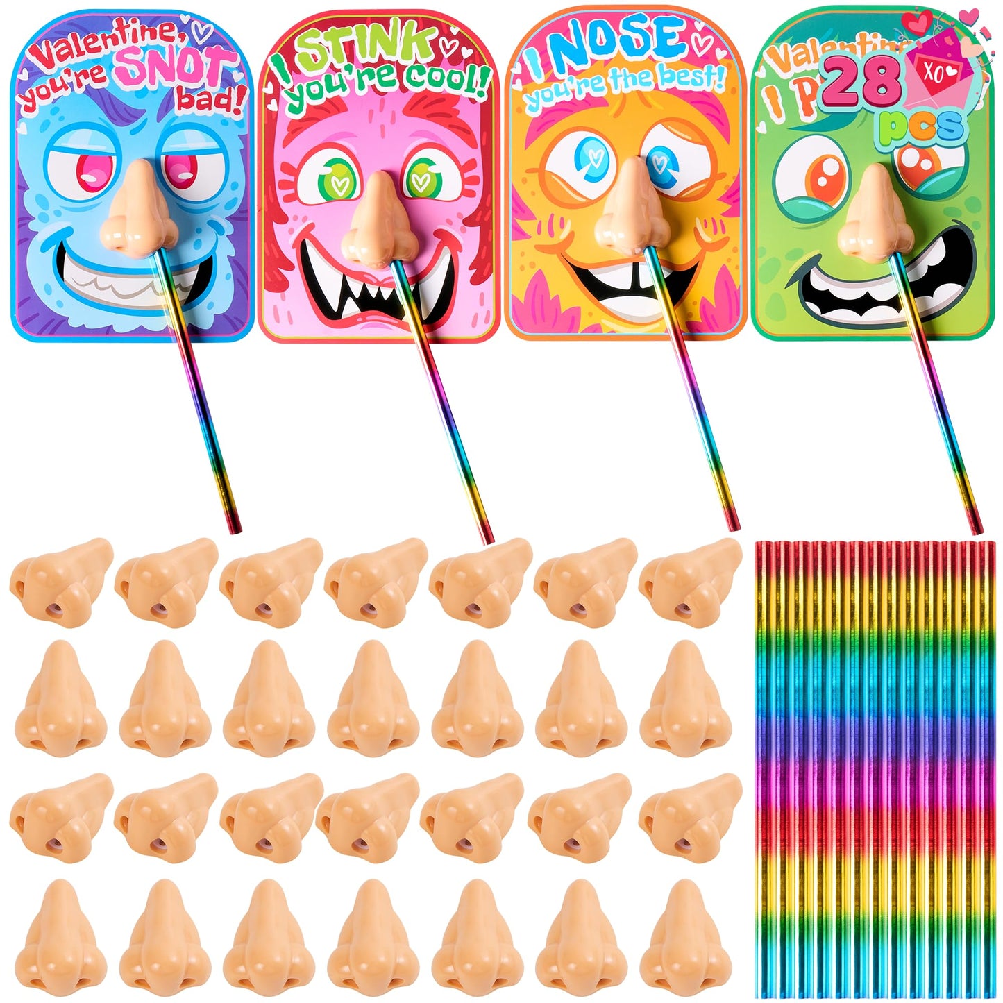 JOYIN 28PCS Valentines Day Stationery Set – Funny Nose Cards & Pencils for Classrooms