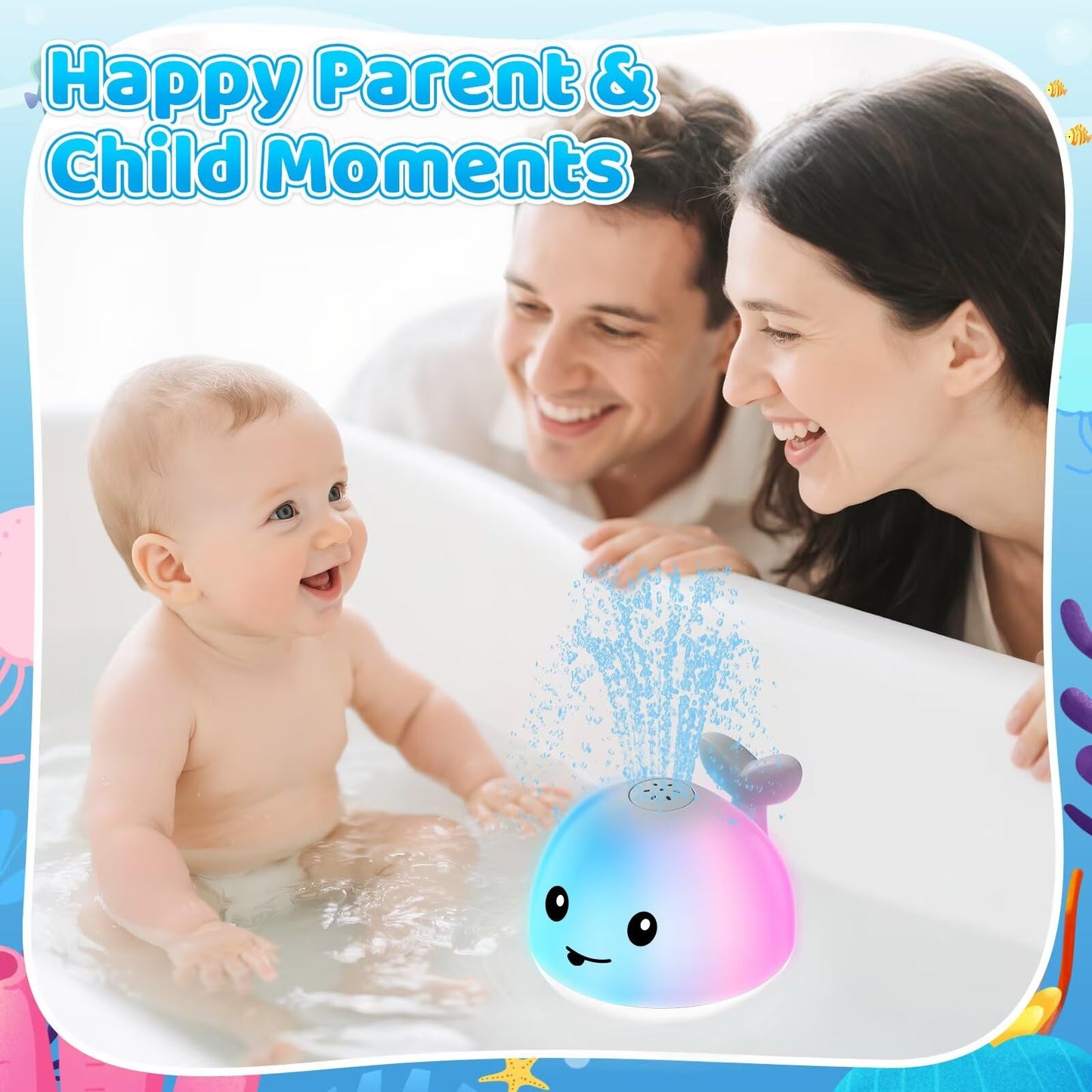 JoyLEME Light-Up Whale Bath Toy — USB Rechargeable Water Sprinkler for Babies & Toddlers