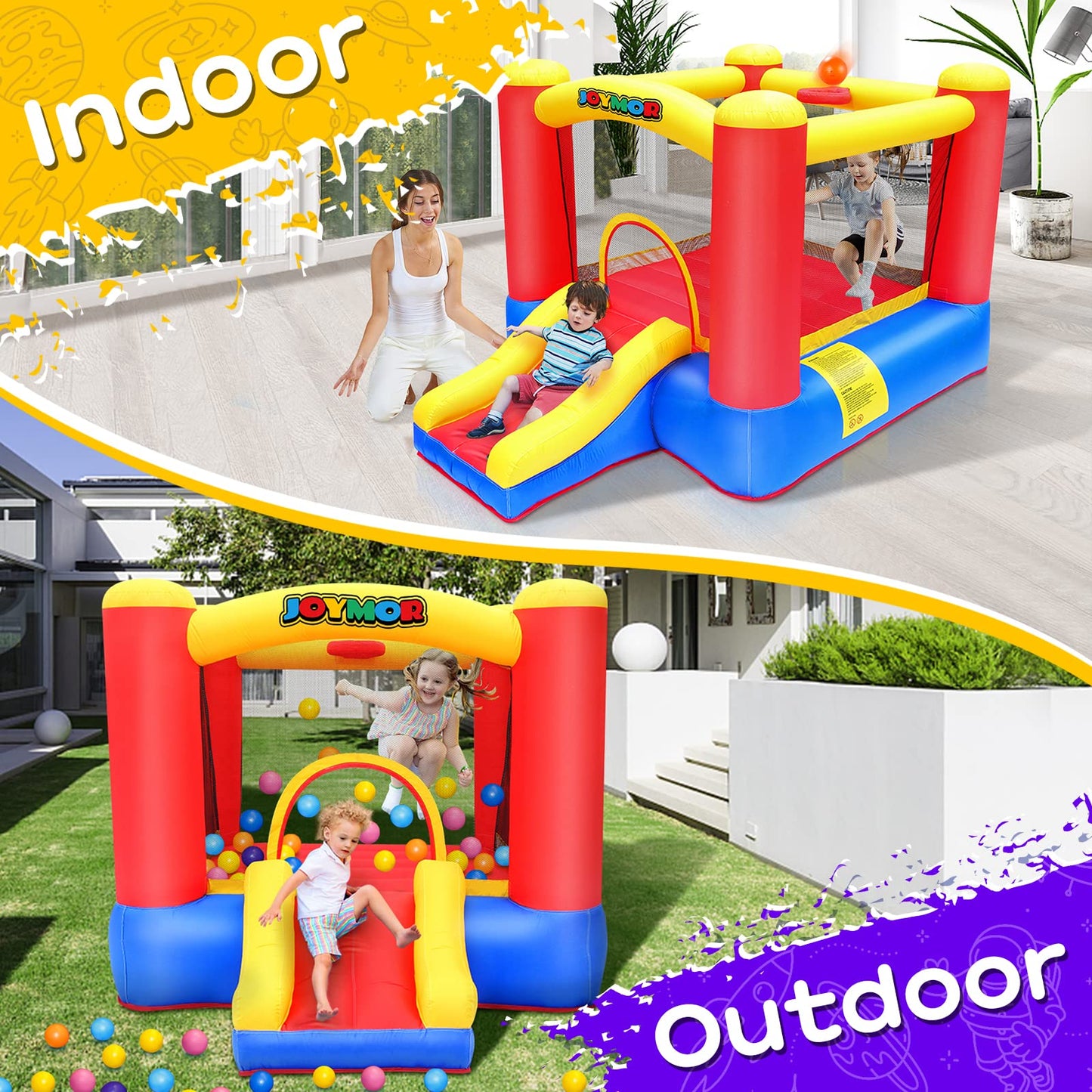 JOYMOR Inflatable Indoor Bounce House with Slide & Basketball Hoop | Easy Setup for Kids 3-10