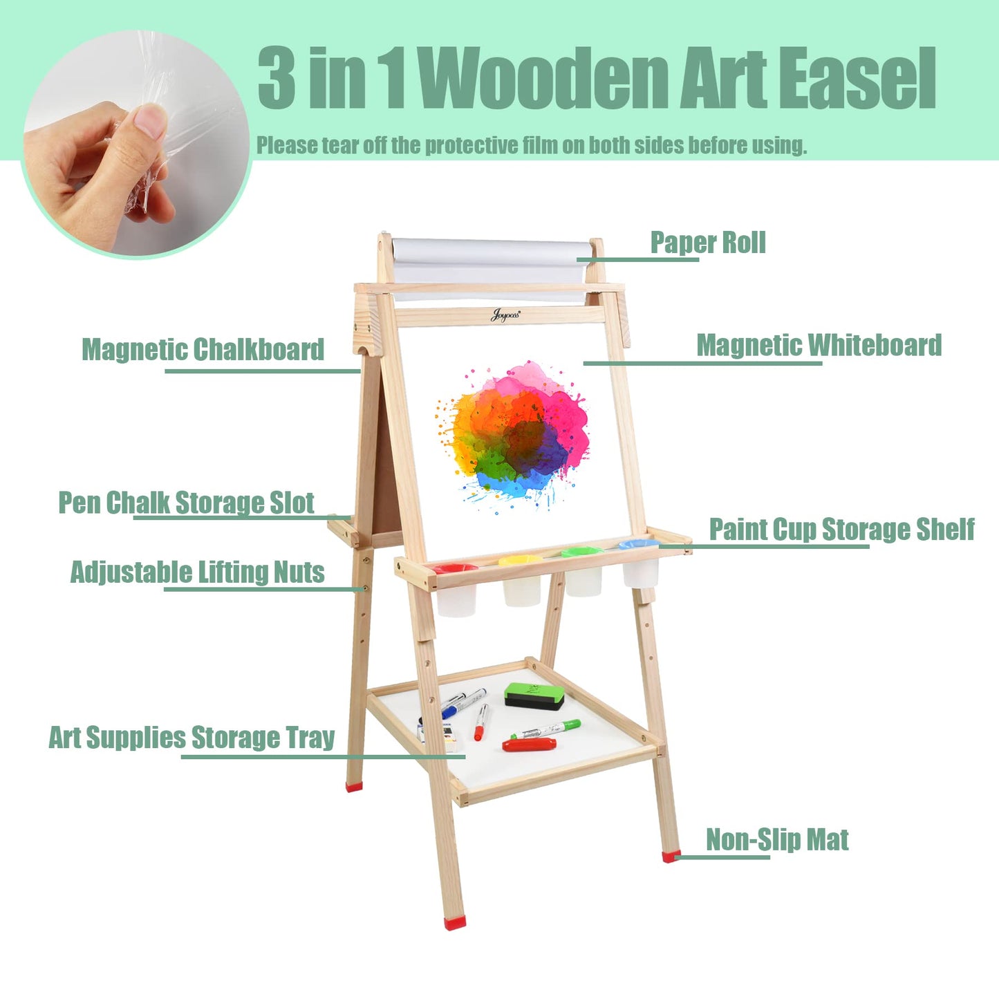 Joyooss 3-in-1 Wooden Kids Easel | Magnetic Whiteboard, Chalkboard & Paper Roll