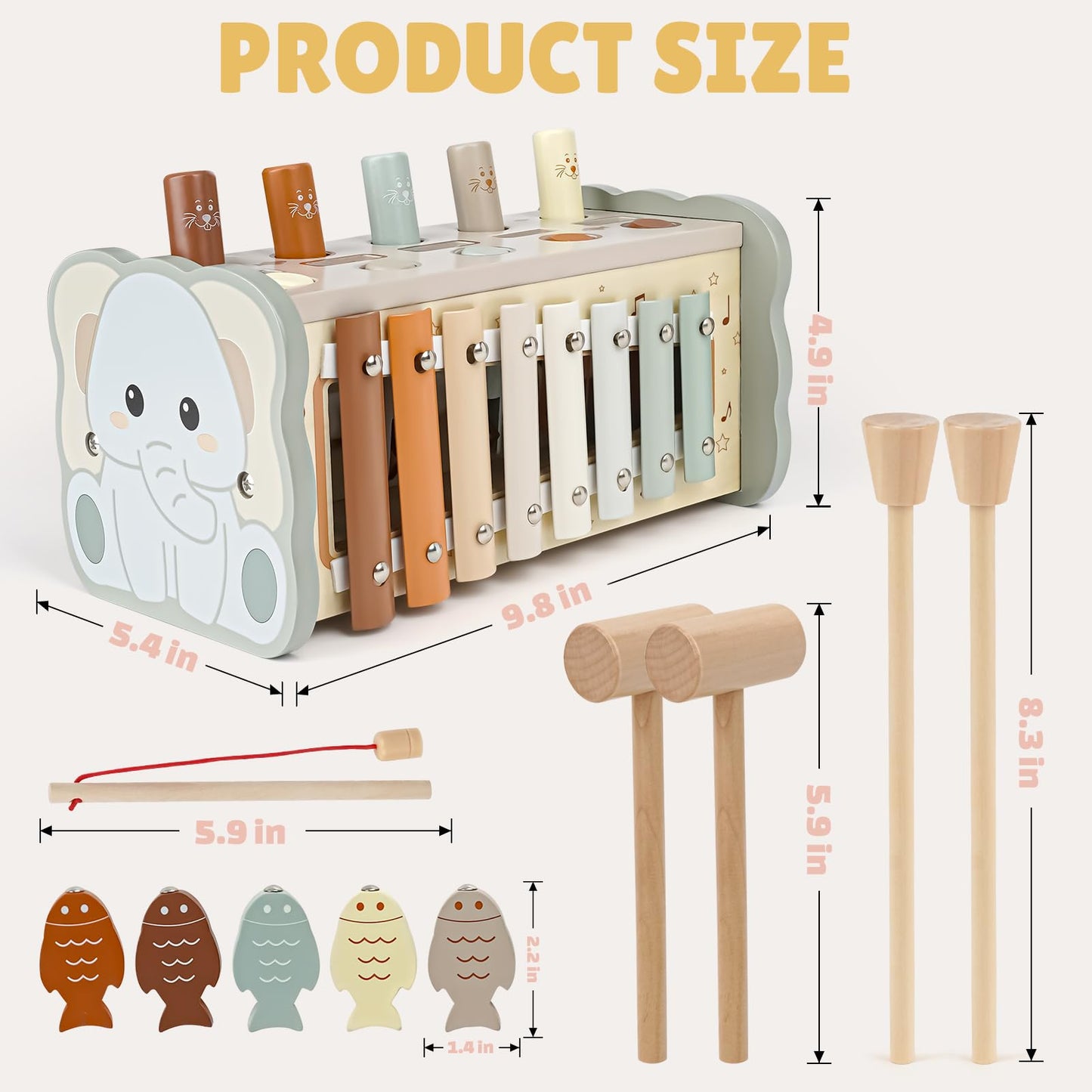 Joyreal Wooden Montessori Toys for Toddlers – Hammering Bench, Xylophone & Fishing Game