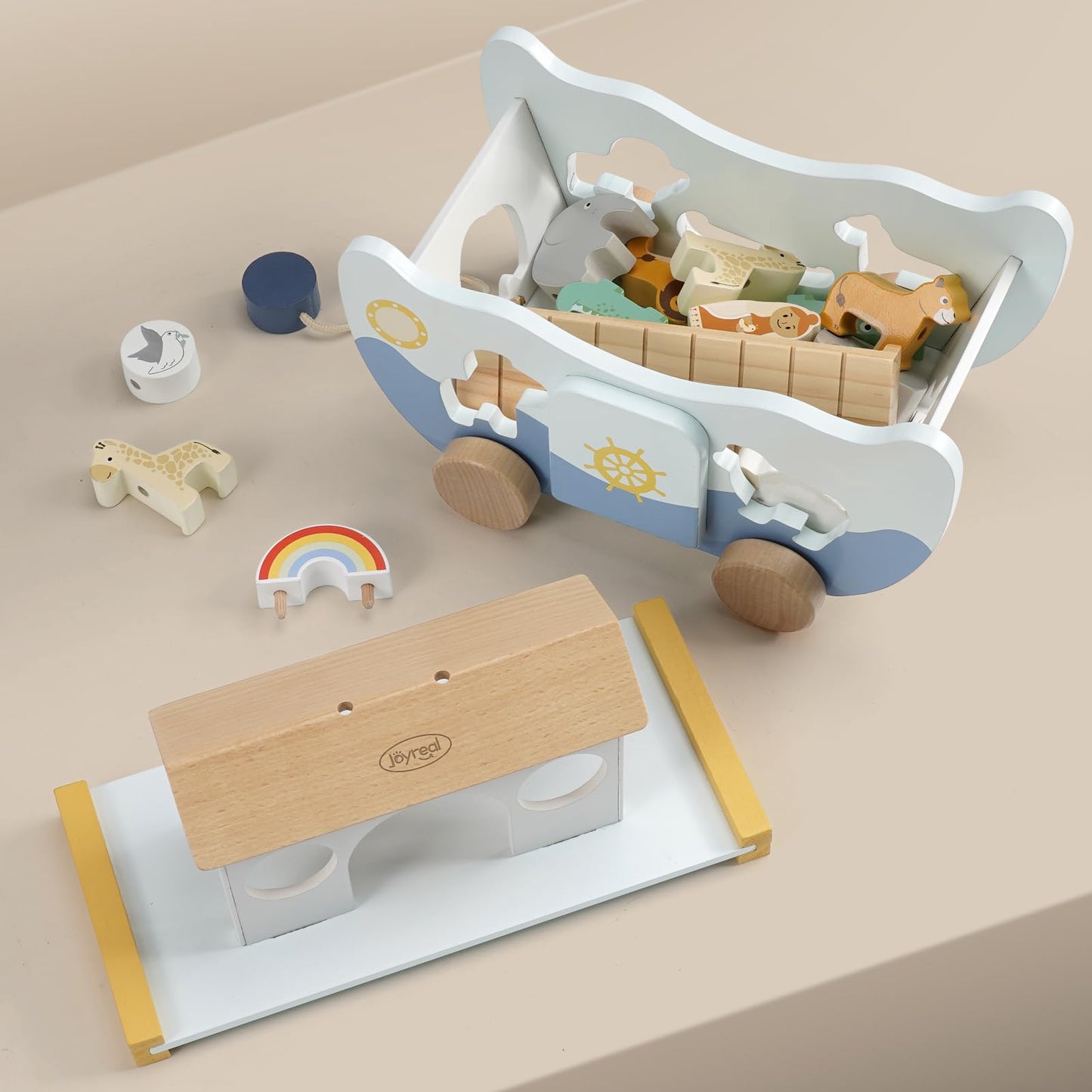 Joyreal Wooden Noah's Ark Toy – Montessori Animal Sorter for 12m+ Baptism Gift