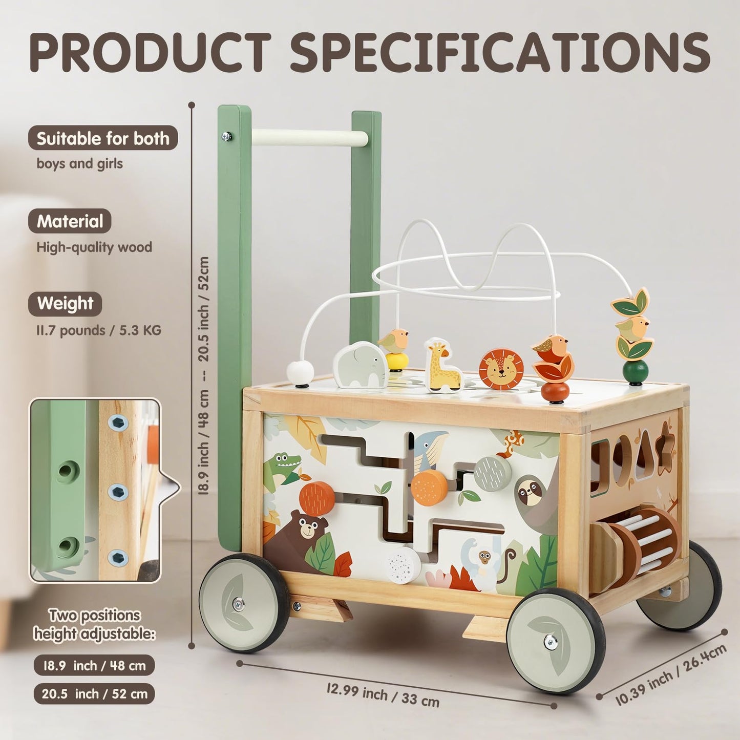 Joyreal Wooden Baby Walker - 9-in-1 Push Walker with Activity Cube