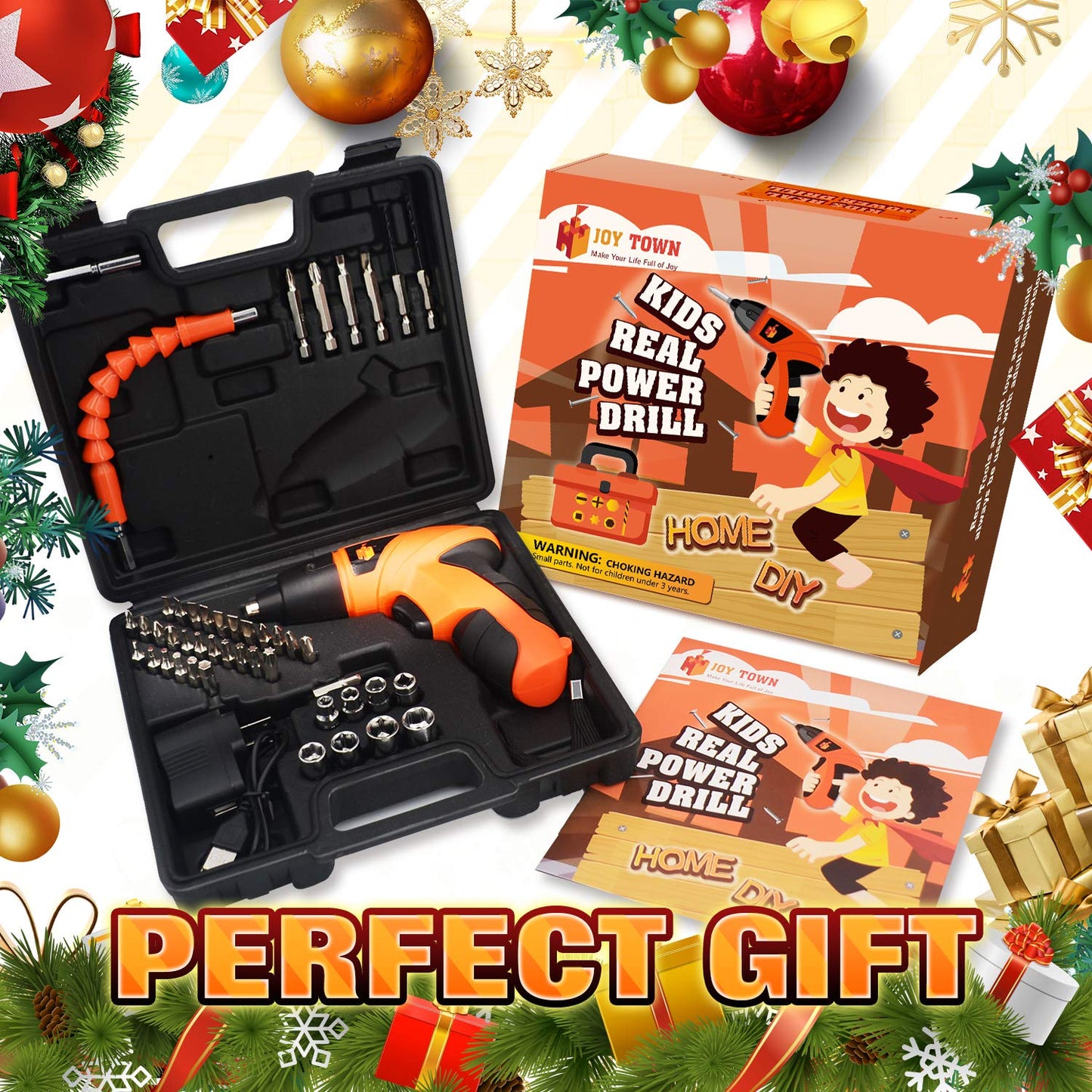 JoyTown Kids Real Power Drill Set – Safe Cordless Tool Kit with Interchangeable Bits and Carrying Case