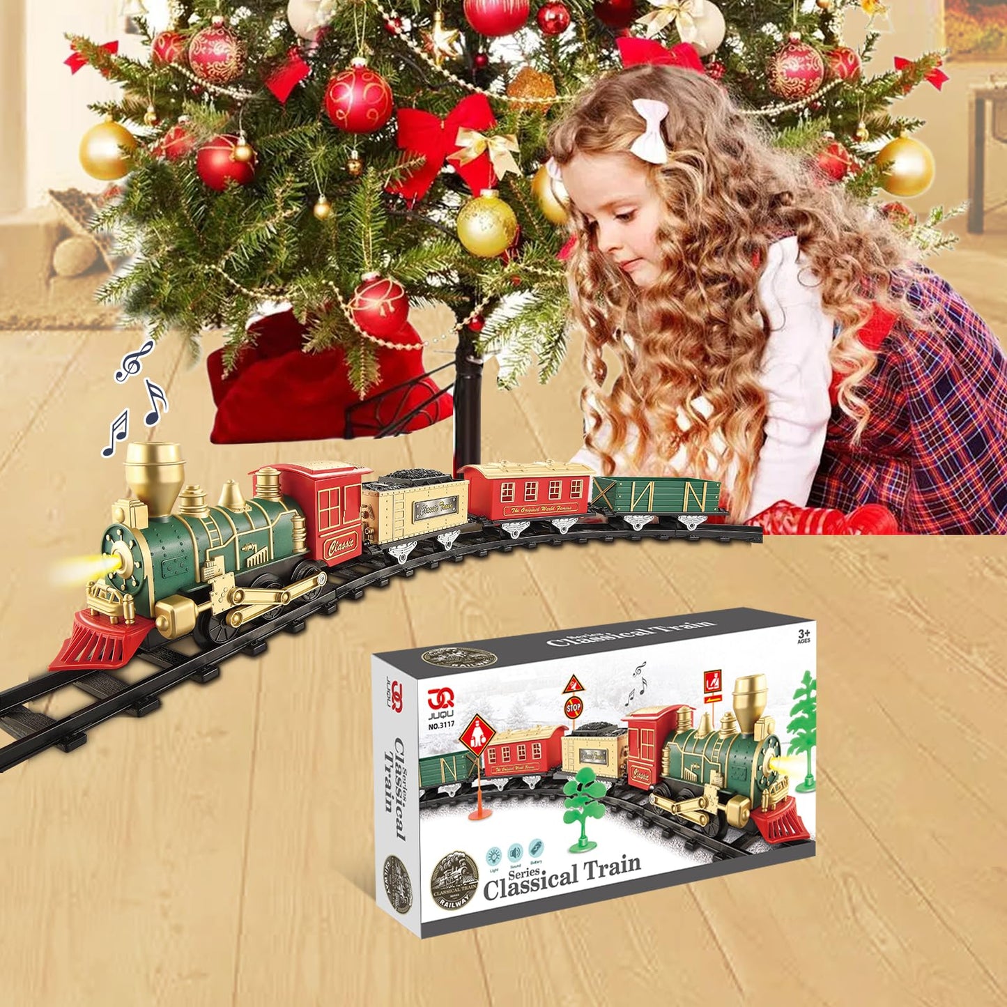 JQ JUQU Electric Train Set for Kids 3-8 – Lights, Sounds, 3 Cars & 10 Tracks
