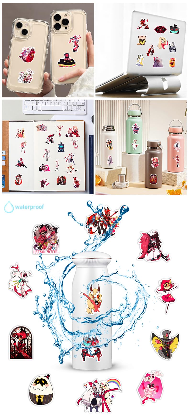 JSYAVG 55pcs Hazbin Hotel Stickers - Waterproof Vinyl Decals for Laptops, Bottles, Skates, Travel Gear