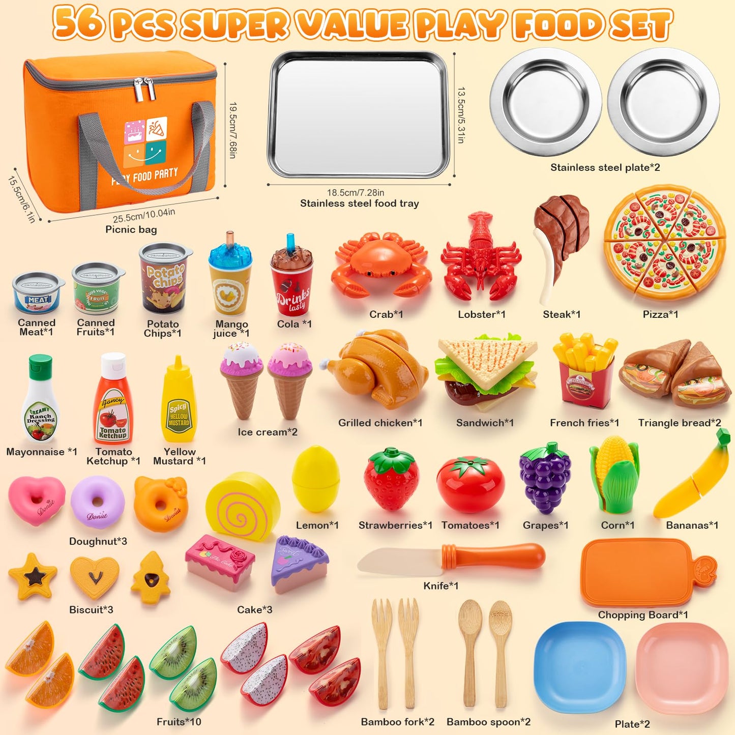 Juboury Pretend Play Food Set for Toddlers — Cutting Toy Foods with Storage Bag & Stainless Steel Tray