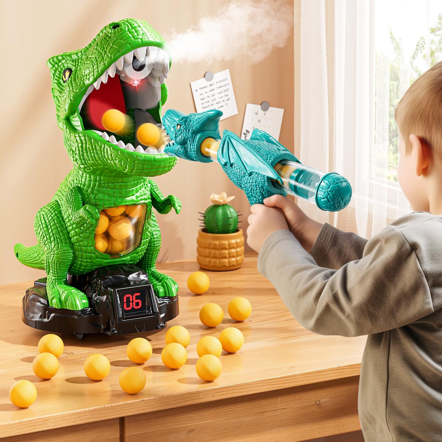 JUKUDAHU Dinosaur Shooting Toy for Kids 3-8 — Scoreboard, Light & Sound, 12 Foam Balls