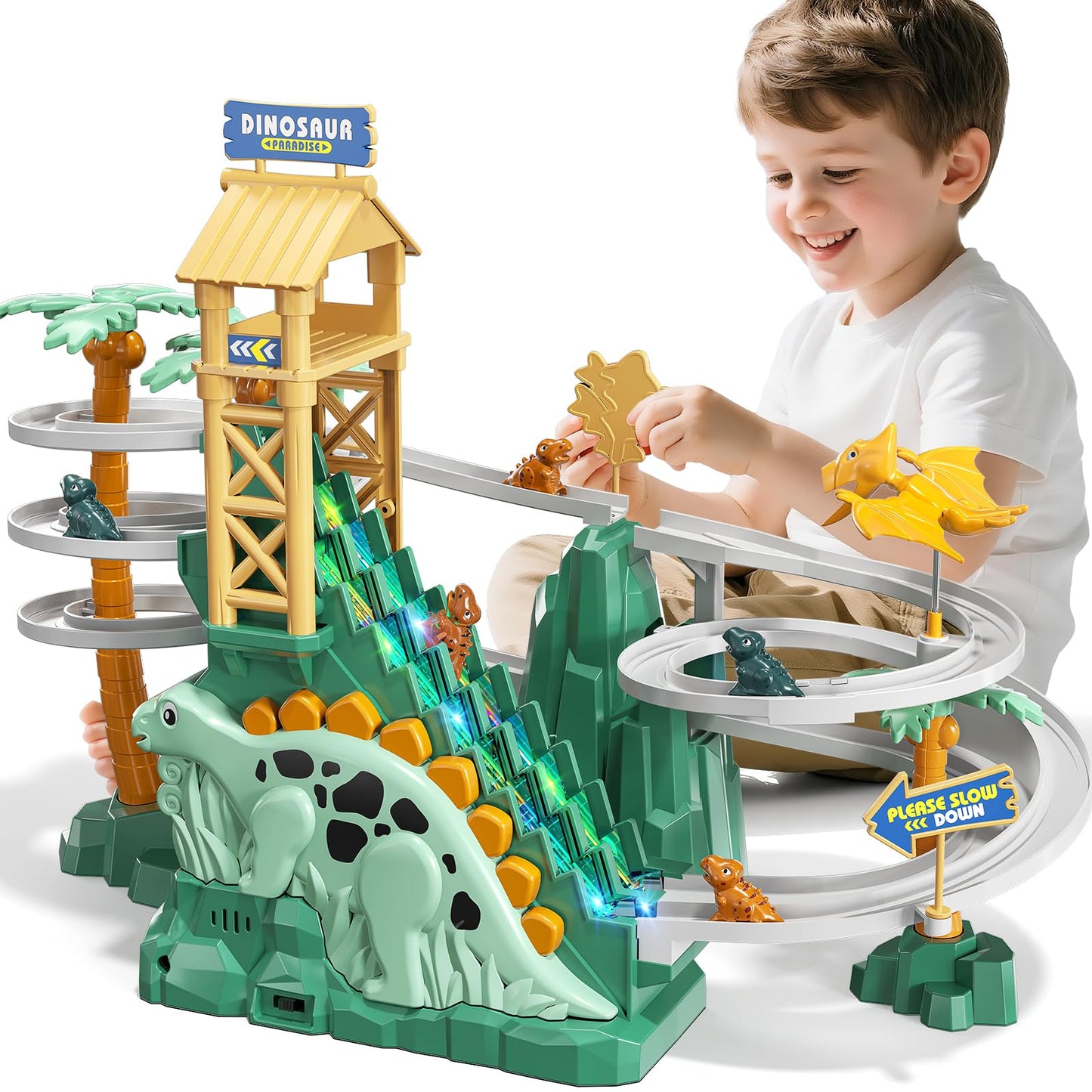 JUKUDAHU Dinosaur Climbing Slide Toy - Toddler Racing Track with Light and Music