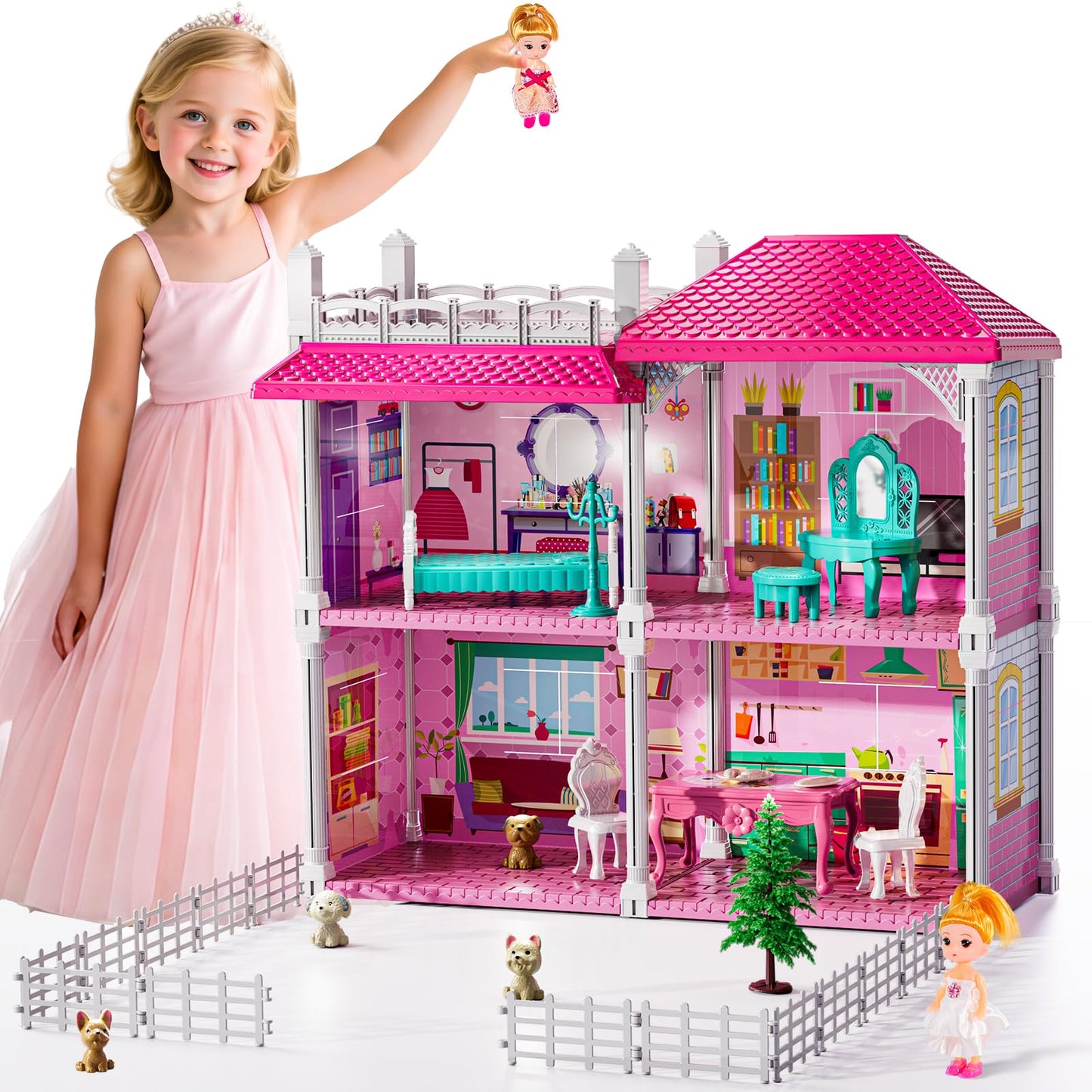JUKUDAHU Pink Villa Playset – 2-Story Dollhouse with 4 Rooms, 2 Dolls & 13+ Accessories for Girls 3-8