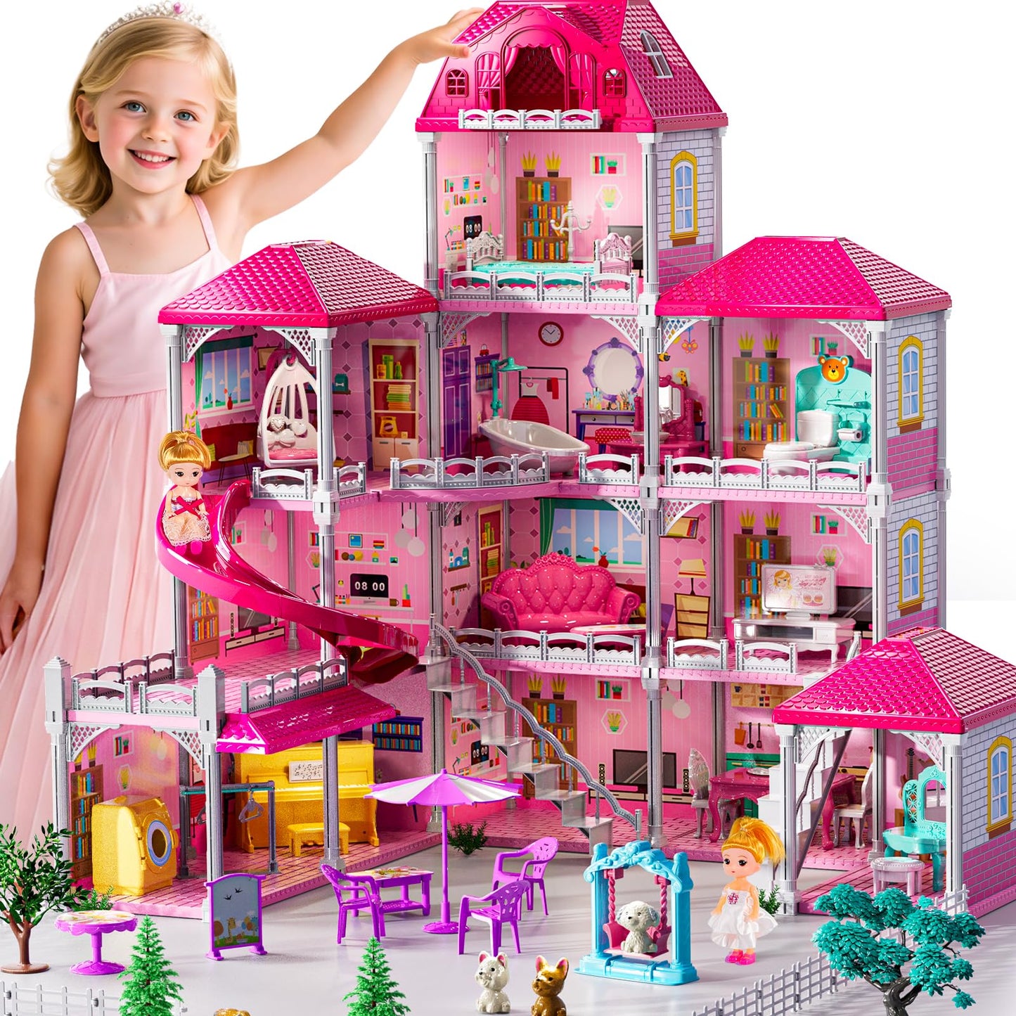 JUKUDAHU Villa Playset 4-Story House with Dolls and 33 Furnishings – Indoor Pretend Play for Girls