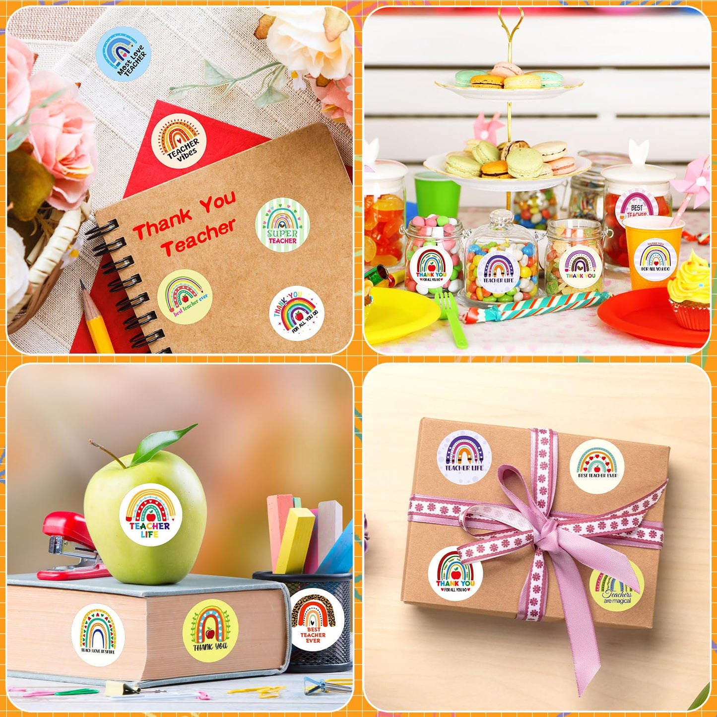JULMELON 400 Pcs Thank You Teacher Stickers – Rainbow Round Labels & Gift Tags