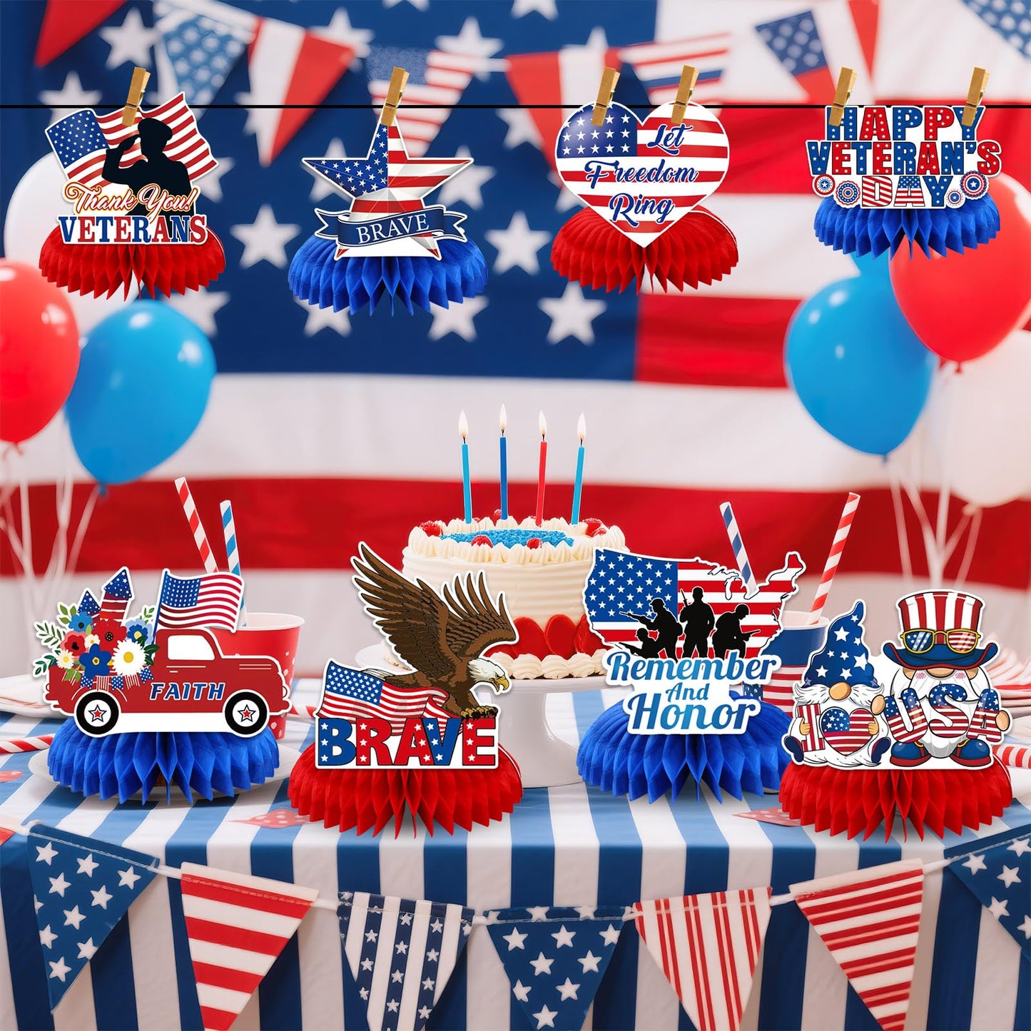 JULMELON 8-Piece Veterans Day Table Decorations | Honeycomb Centerpieces | 3D Double-Sided