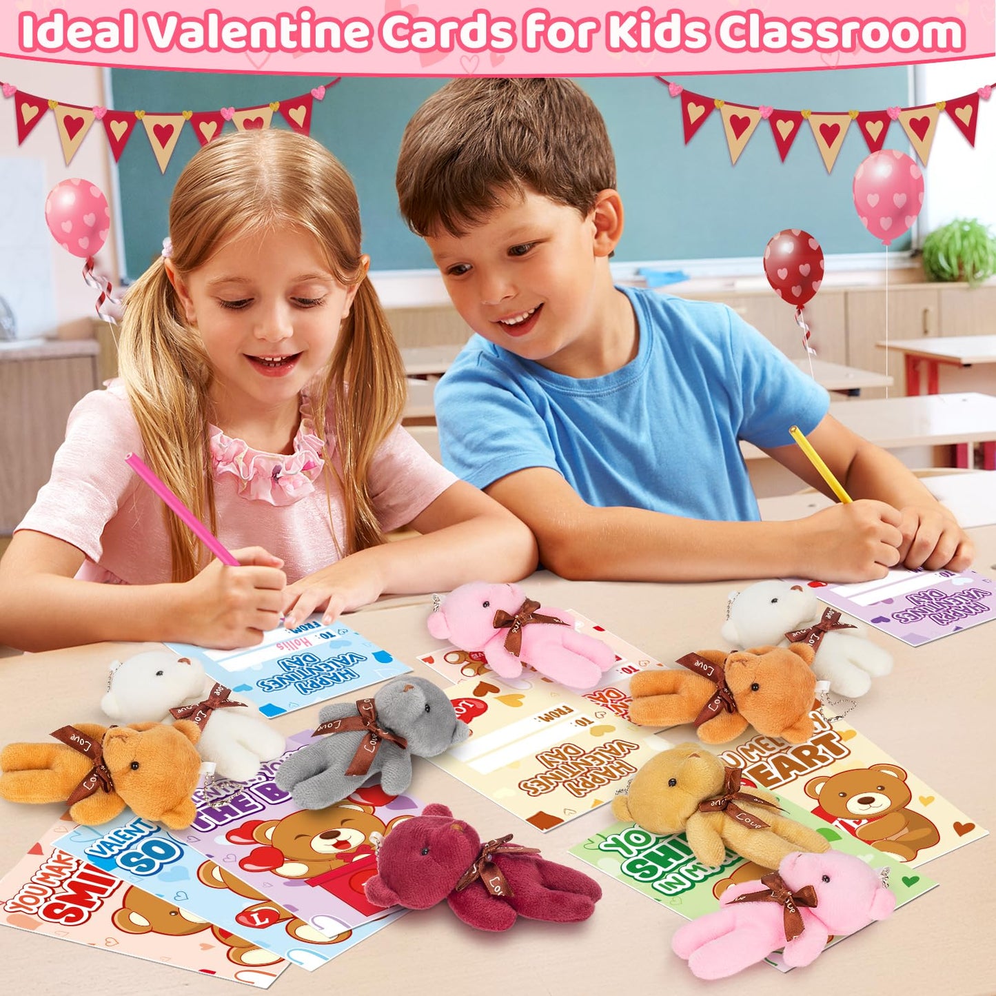 Valentine's Day Cards for Kids – 24-Pack with Plush Bear Key Chains | Jumlys