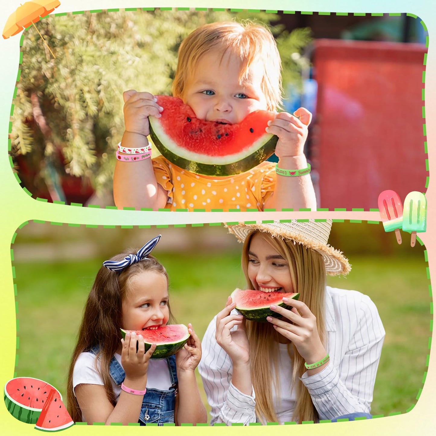JUNEBRUSHS One In a Melon Party Favors – 42 Watermelon Silicone Wristbands for 1st Birthday & Summer Parties