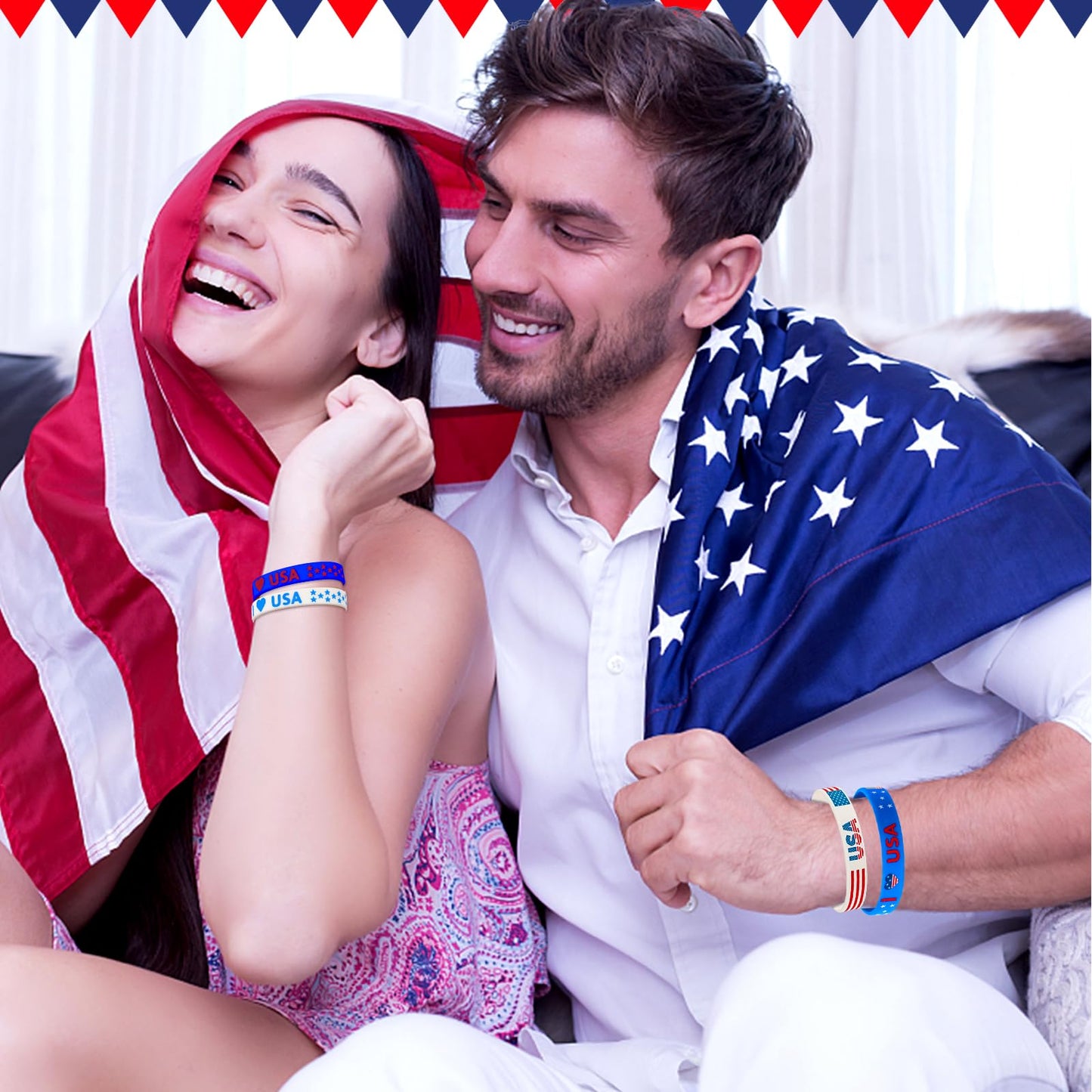 JUNEBRUSHS 42pcs 4th of July Silicone Bracelets – Red White Blue Patriotic Wristbands (6 Designs)