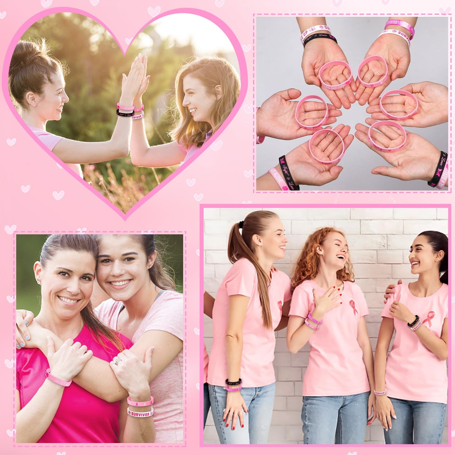 JUNEBRUSHS 42pcs Breast Cancer Awareness Silicone Bracelets – 6 Designs, 7 Each