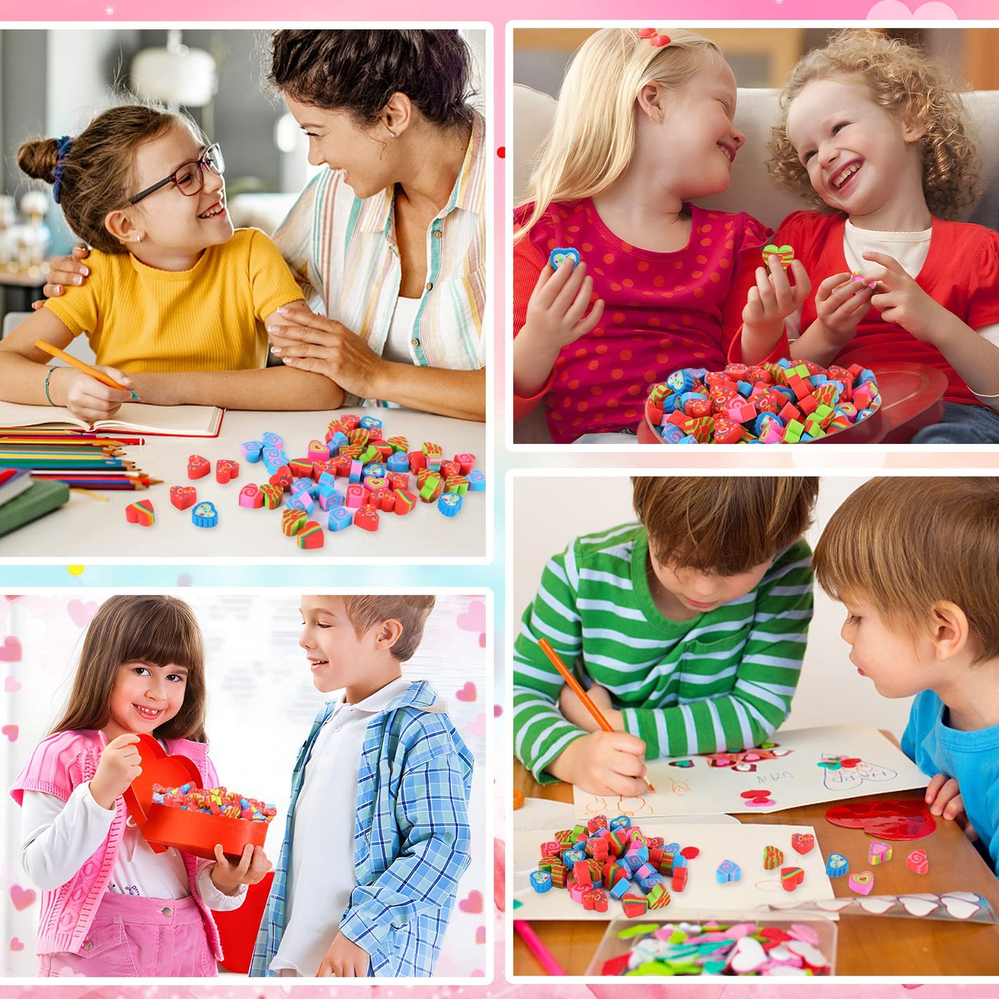 JUNEBRUSHS Erasers for Kids Bulk – 150 Heart Mini Erasers for Classrooms & Party Favors