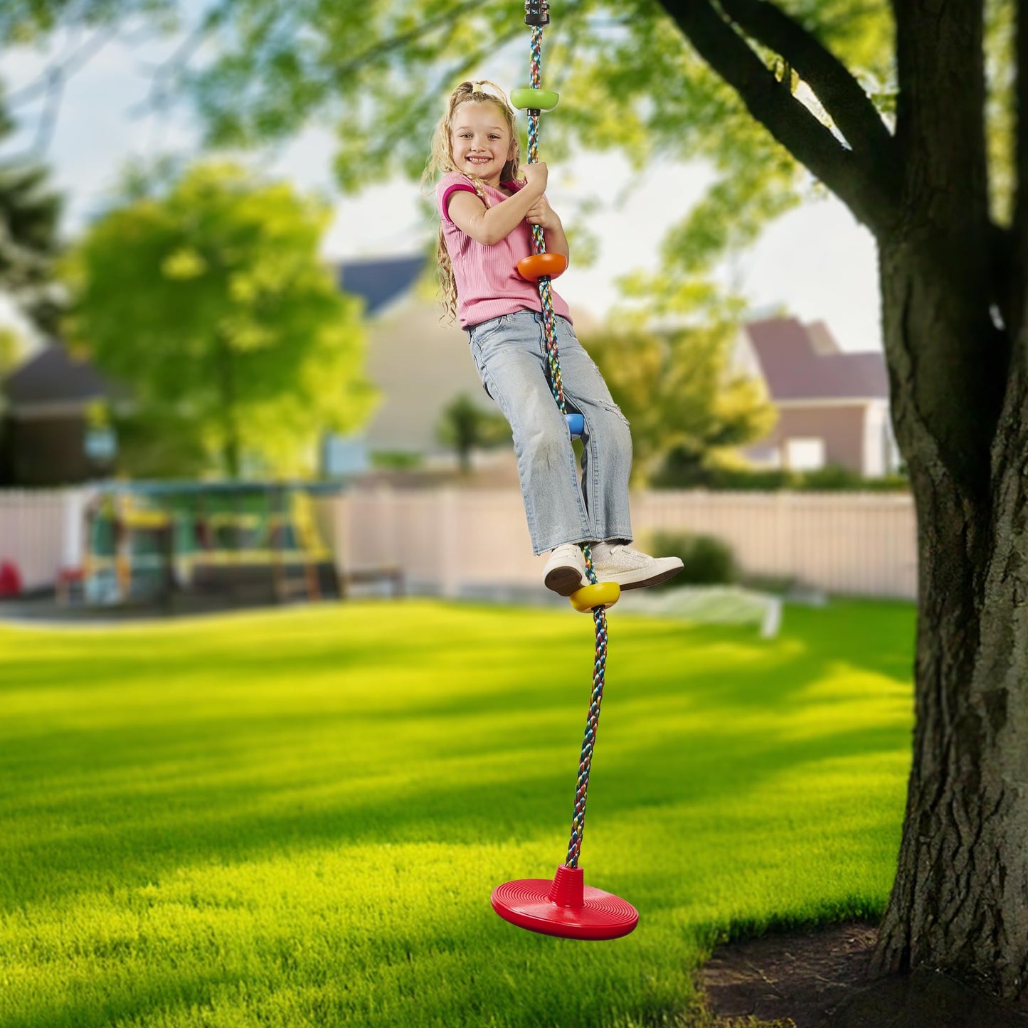 Jungle Gym Kingdom Tree Swing for Kids – Disc Seat & Rainbow Rope with Carabiner (Yellow)