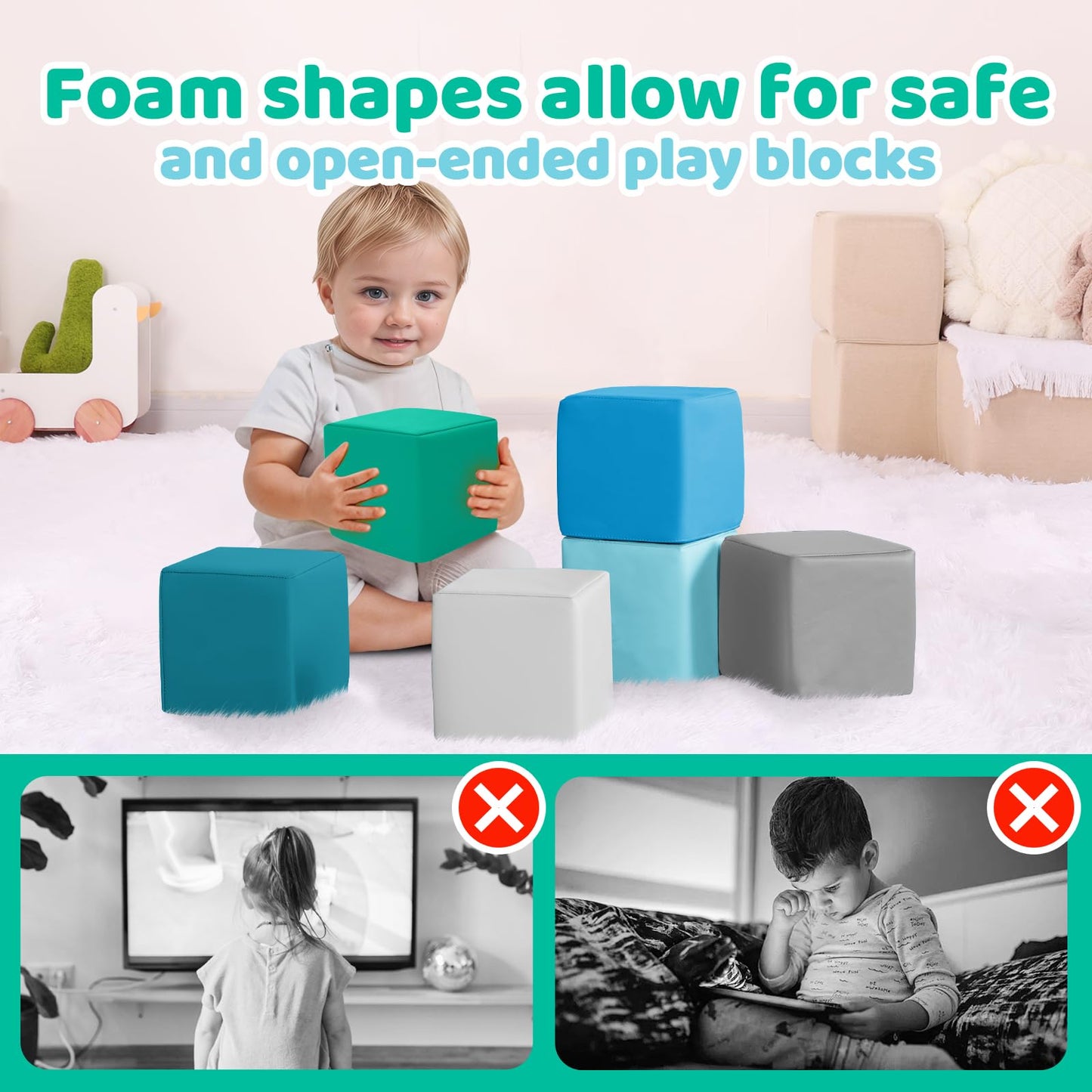 JungleDove Foam Blocks for Toddlers – 6-Piece Waterproof PU Leather Soft Blocks | Colorful Large Stacking Toys