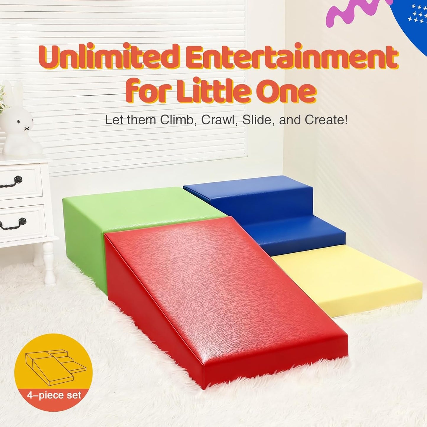 JungleDove 4-Piece PU Leather Foam Climbing Blocks for Toddlers – Indoor Soft Play Set (Red Yellow Blue)