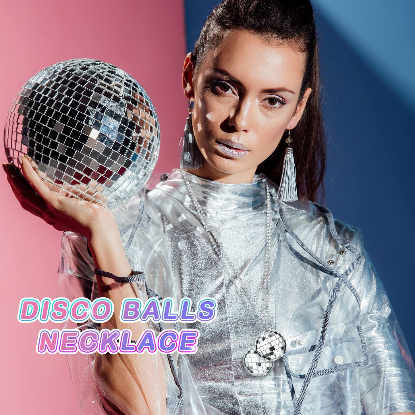 Junkin 48-Piece Disco Necklace Set | 1.57-Inch Mirror Ball Favors – Silver
