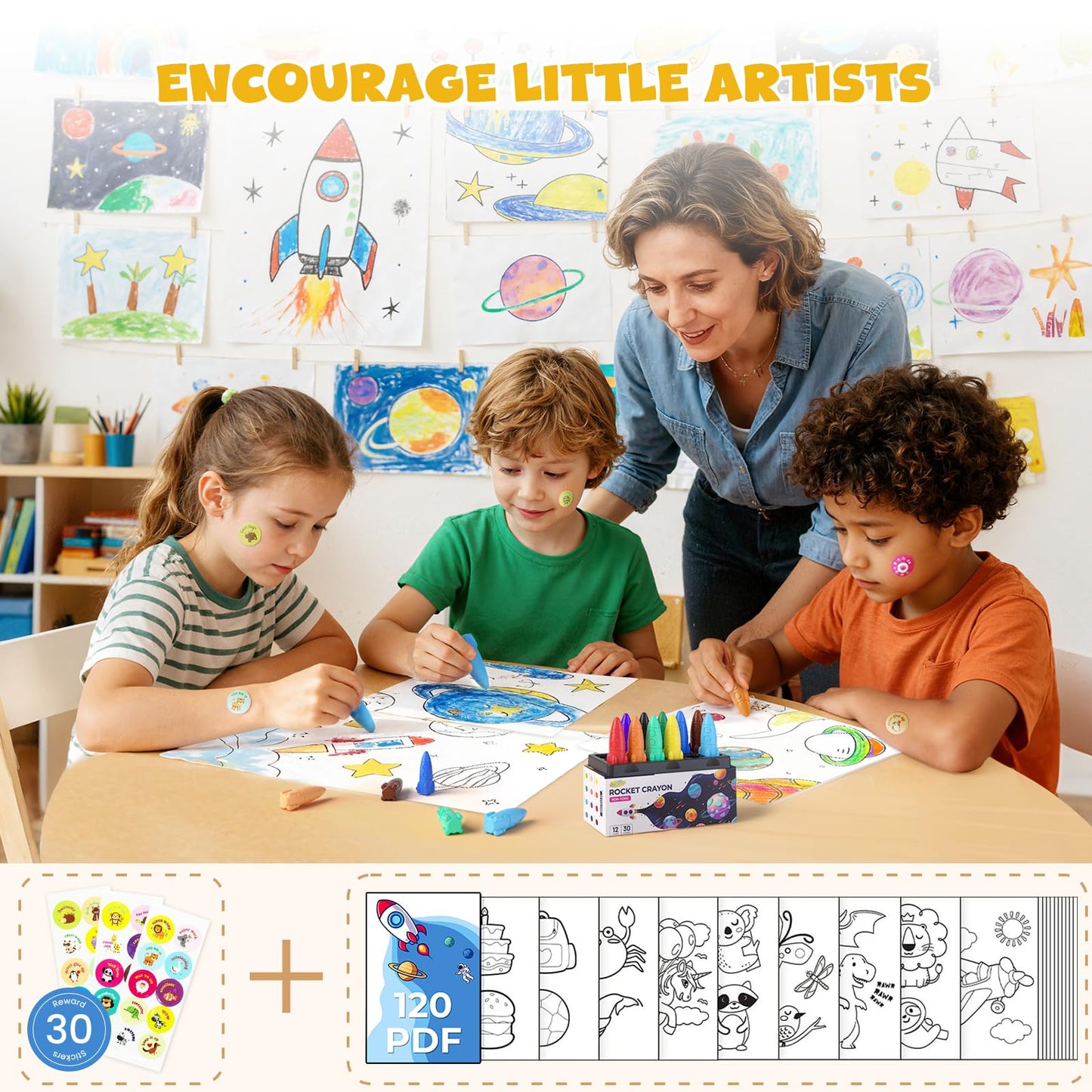 JUPITEARTH 12 Colors Crayons for Toddlers – Non-Toxic, Washable, Rocket-Shaped, Mess-Free