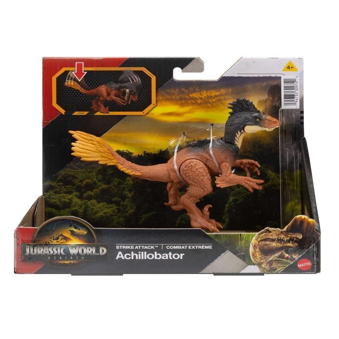Jurassic World Rebirth Strike Attack Achillobator Dinosaur Toy – Authentic, Posable Figure with Single Strike Action
