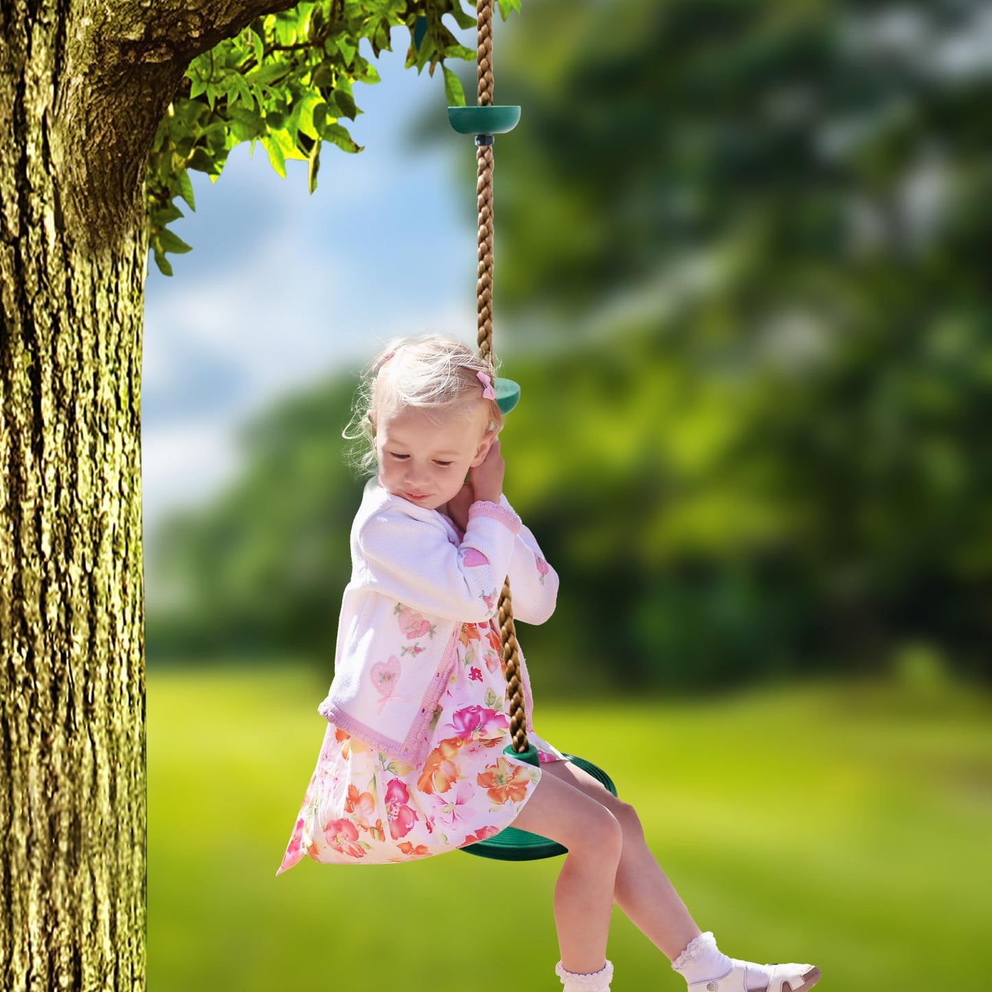 Just.smile Tree Swing for Kids: Climbing Rope with Platforms & Disc Seat (Carabiner, 4ft Strap, Tree Protector)