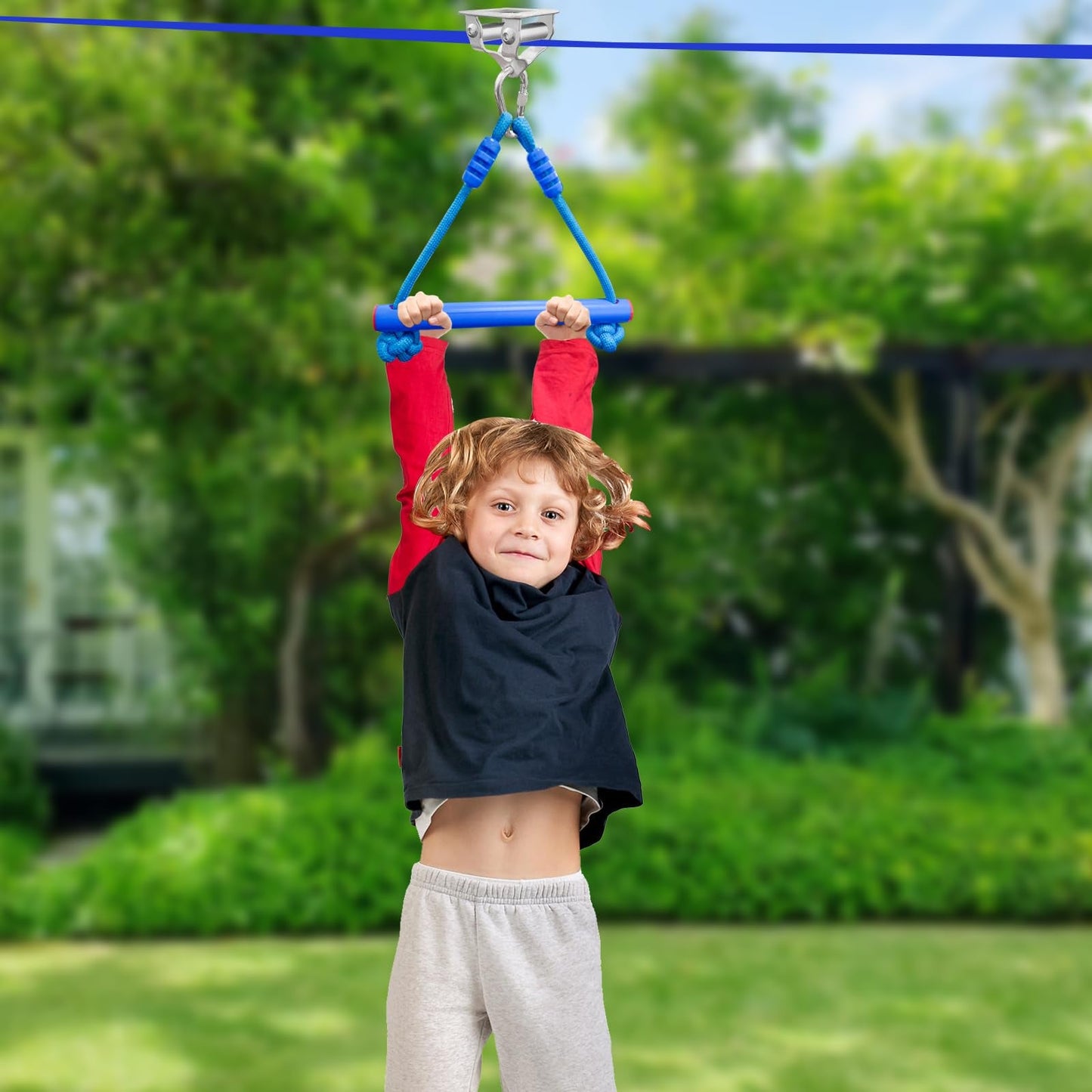 Just.smile Zip Line Kit for Kids — Stainless Steel Double Bearings, 60ft Backyard Slackline & Zipline