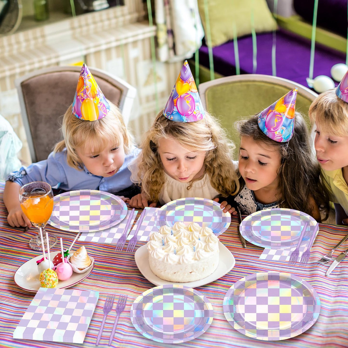 Justforjoyful 96Pcs Iridescent Purple Checkered Party Tableware Set for 24 – Plates, Napkins & Forks