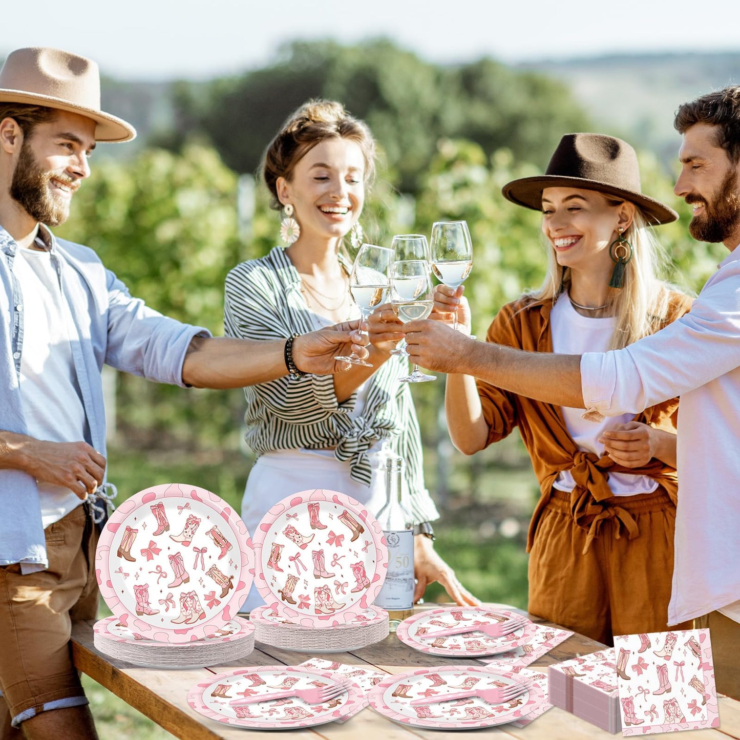 Justforjoyful 96Pcs Coquette Bow Cowgirl Party Supplies – Pink Western Plates, Napkins & Forks for Birthday, Baby Shower, Bachelorette