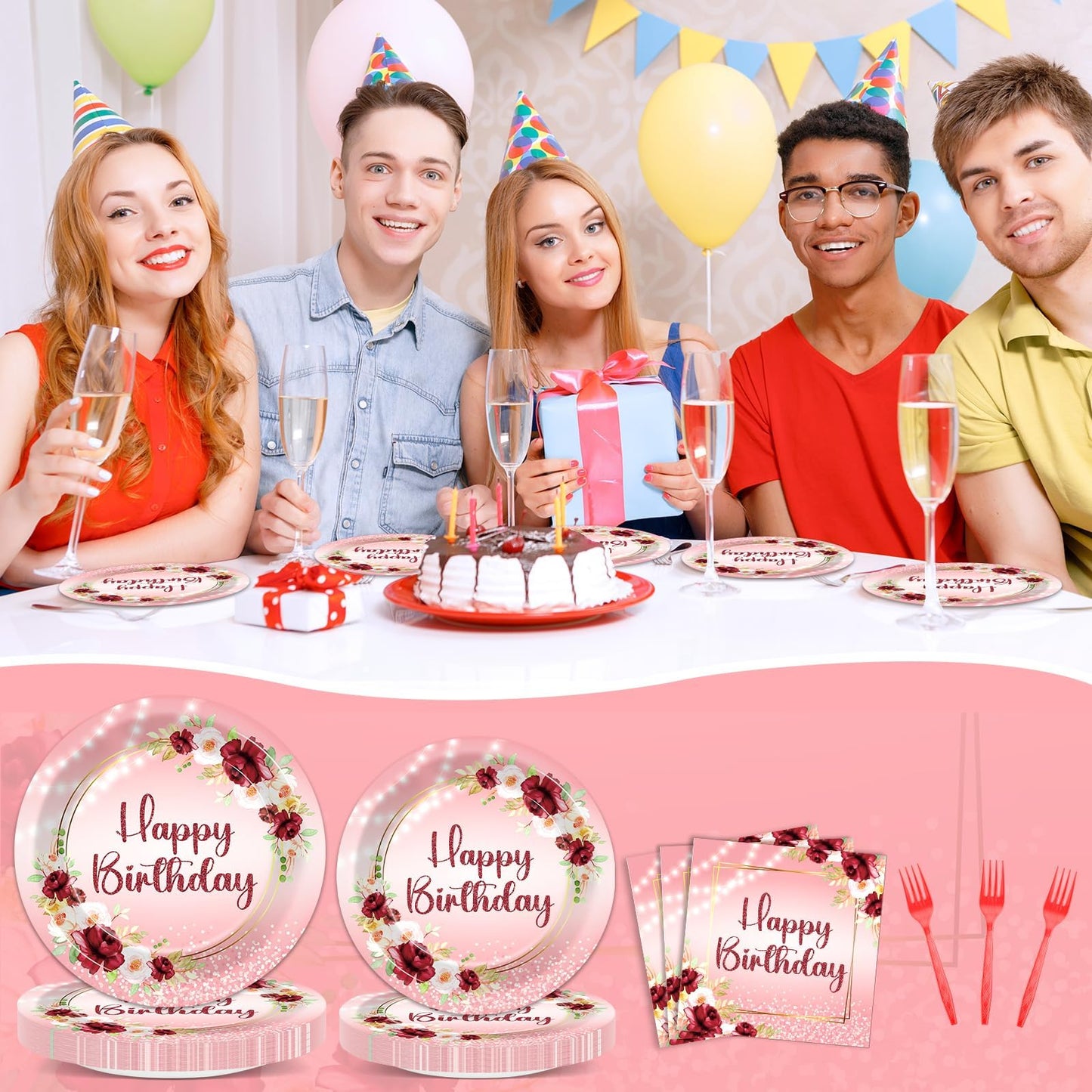 Justforjoyful Burgundy Floral Birthday Party Tableware – 96 Pcs for 24 Guests