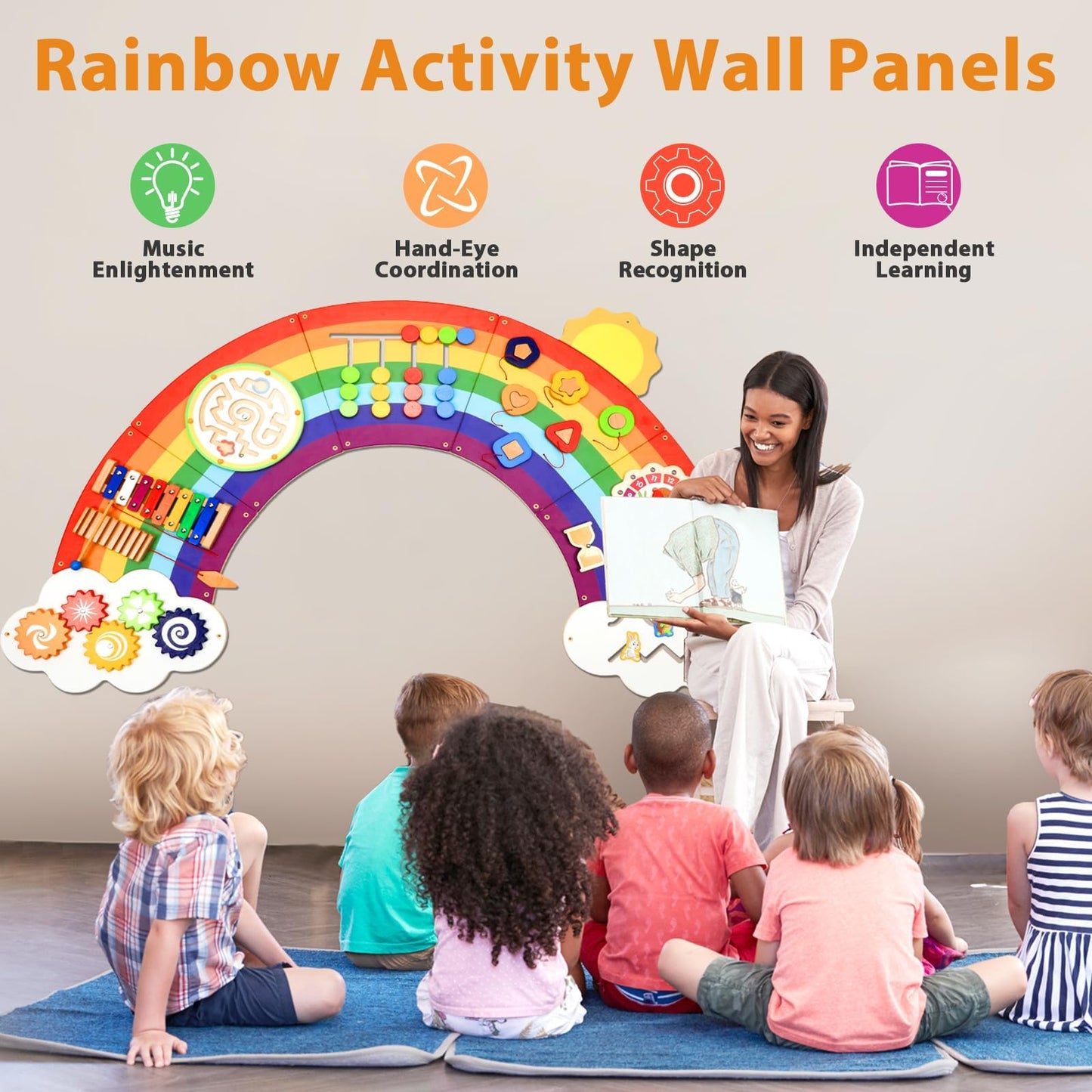 Justforjoyful 5FT Sunshine Rainbow Wooden Activity Wall Panel - Montessori Busy Board
