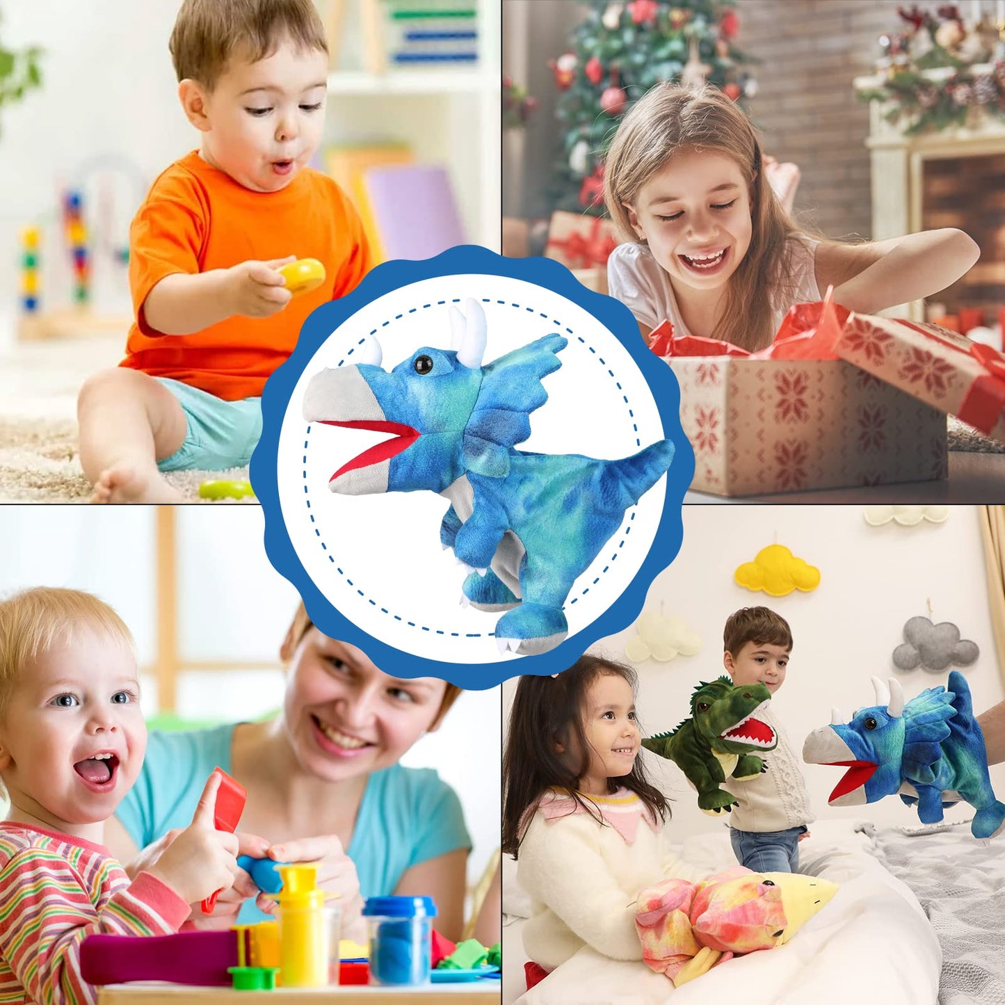 JUSTQUNSEEN Dinosaur Hand Puppets for Kids – Colorful Plush Puppets for Role Play