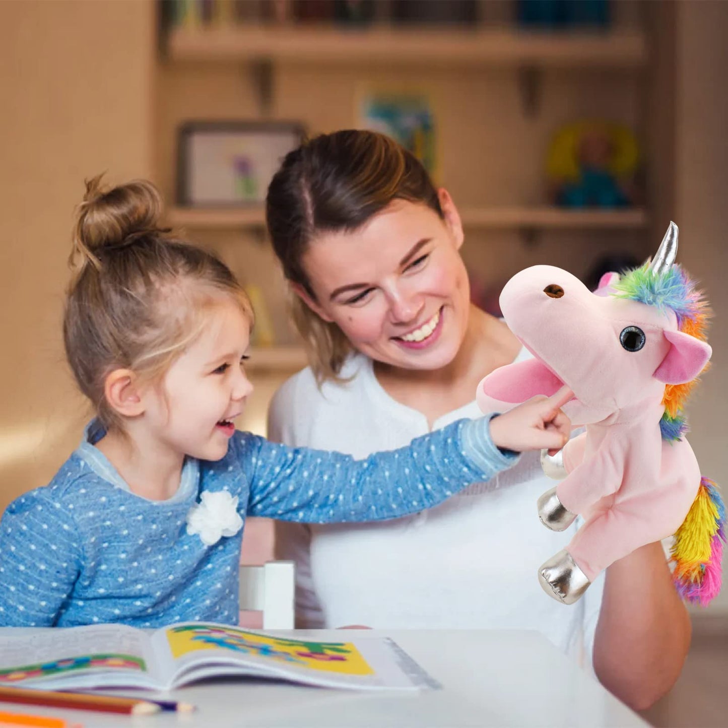 JUSTQUNSEEN Unicorn Hand Puppet – Plush Unicorn Toy for Kids & Adults