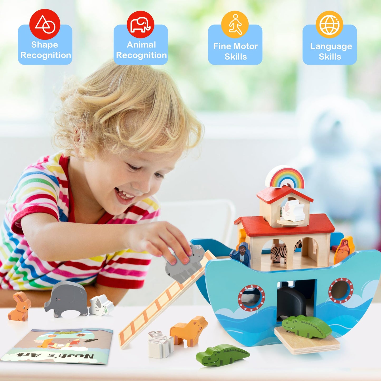 JUSTWOOD Wooden Noahs Ark Toy Animal Play Set – Montessori Learning & Bible Story Toy