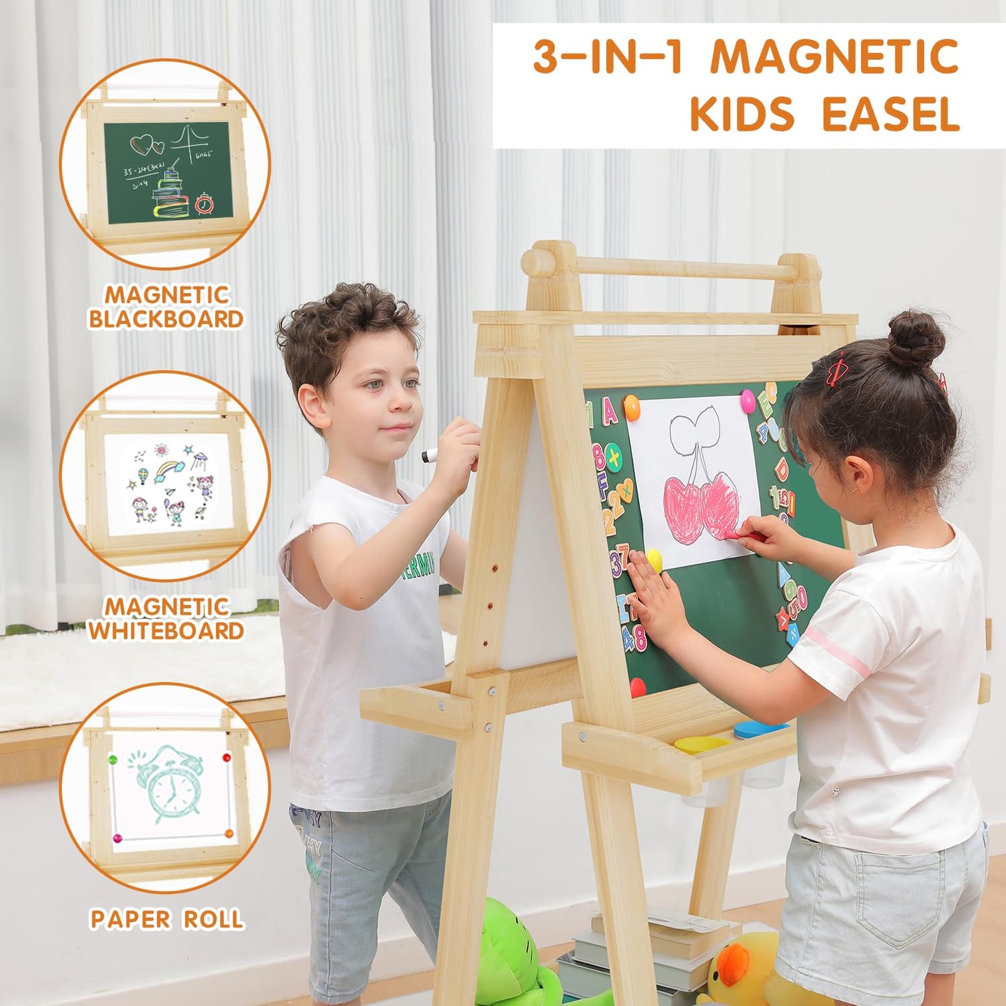 JUZBOT Deluxe Foldable Kids Easel – Magnetic Chalkboard, Whiteboard & Paper Roll, Natural Wood