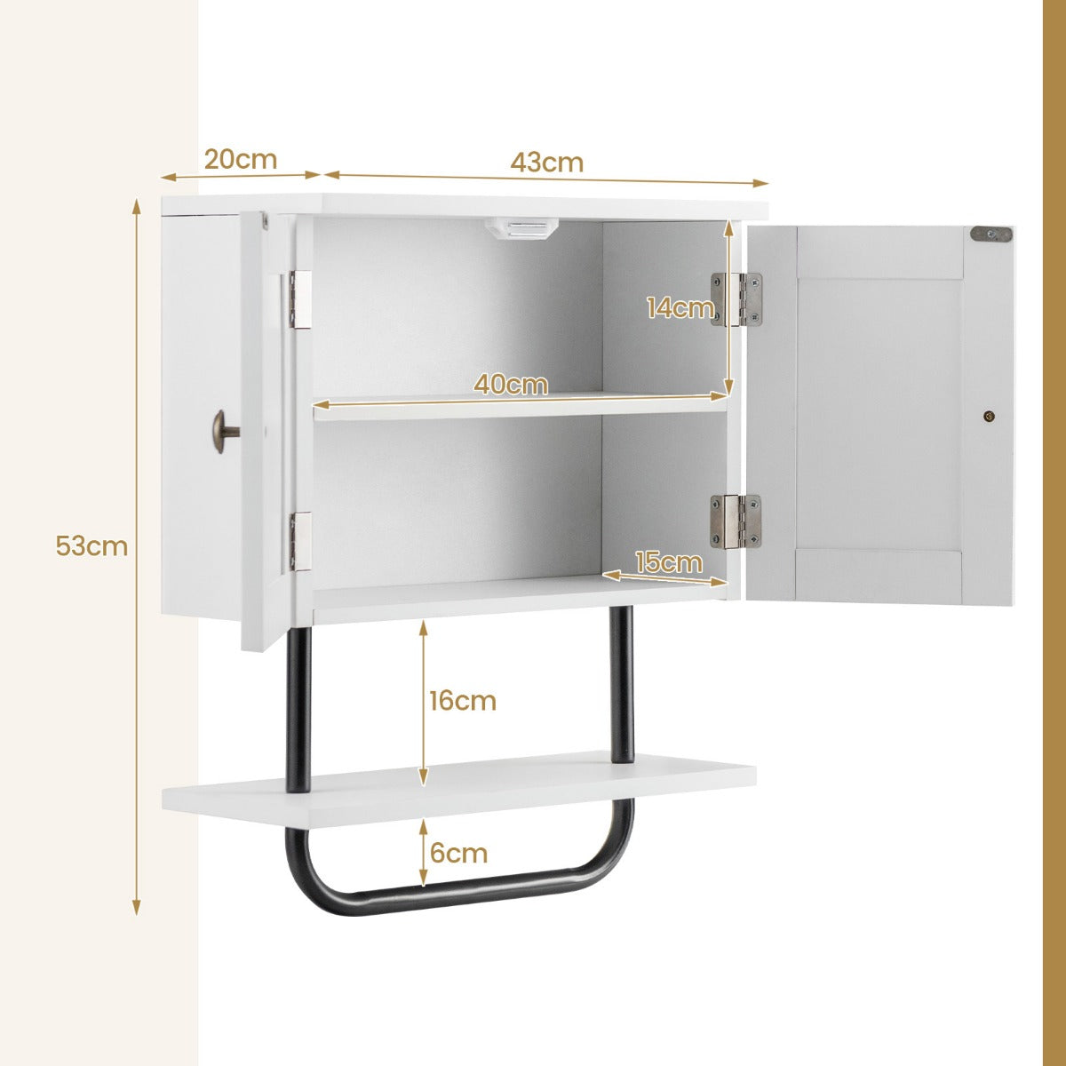 Bathroom Wall Cabinet with Double Door and Open Shelf and Towel Rack-Black