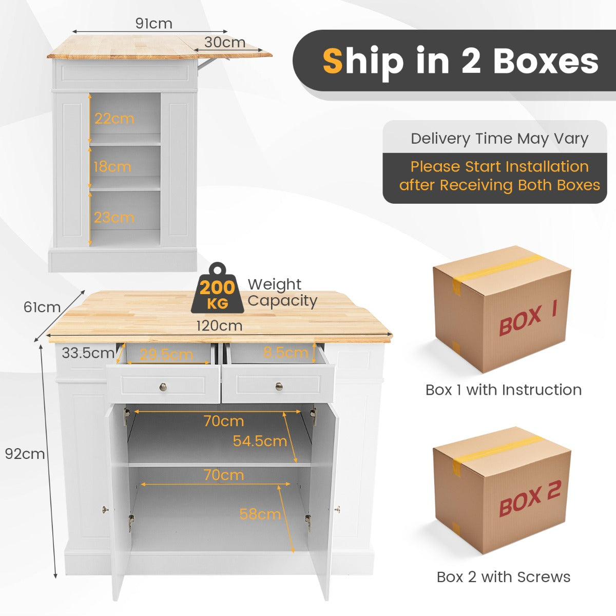Drop-Leaf Kitchen Island with Extendable Worktop and Adjustable Shelves-Black