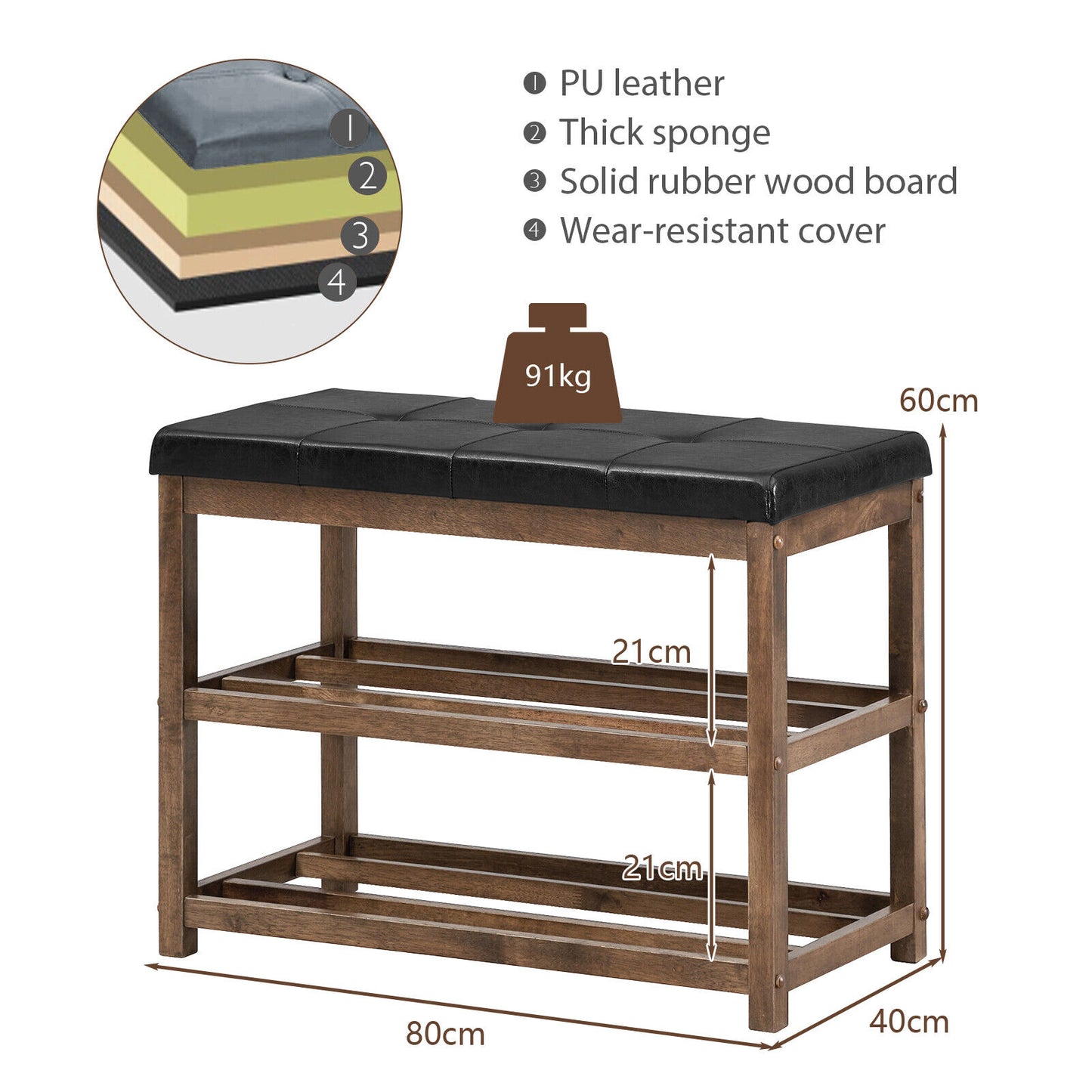 3 Tiers Shoe Storage Bench with Cushioned Seat-White