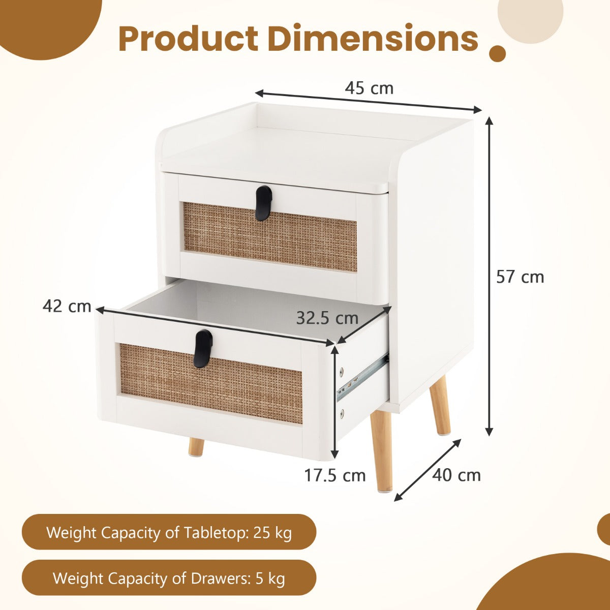 Modern End Table Bedside Table with 2 Rattan Decorated Drawers for Living Room-Natural