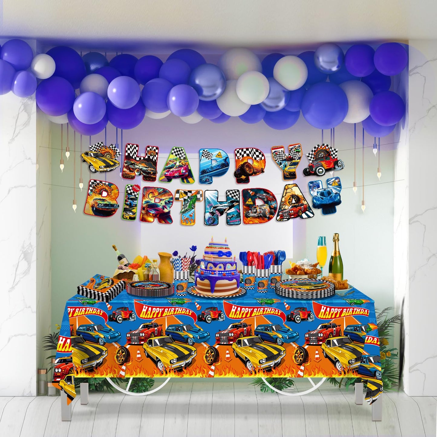 JVORFDG 194pcs Race Car Birthday Party Decorations Set – Plates, Cups, Banner, Tablecloth (24 Guests)