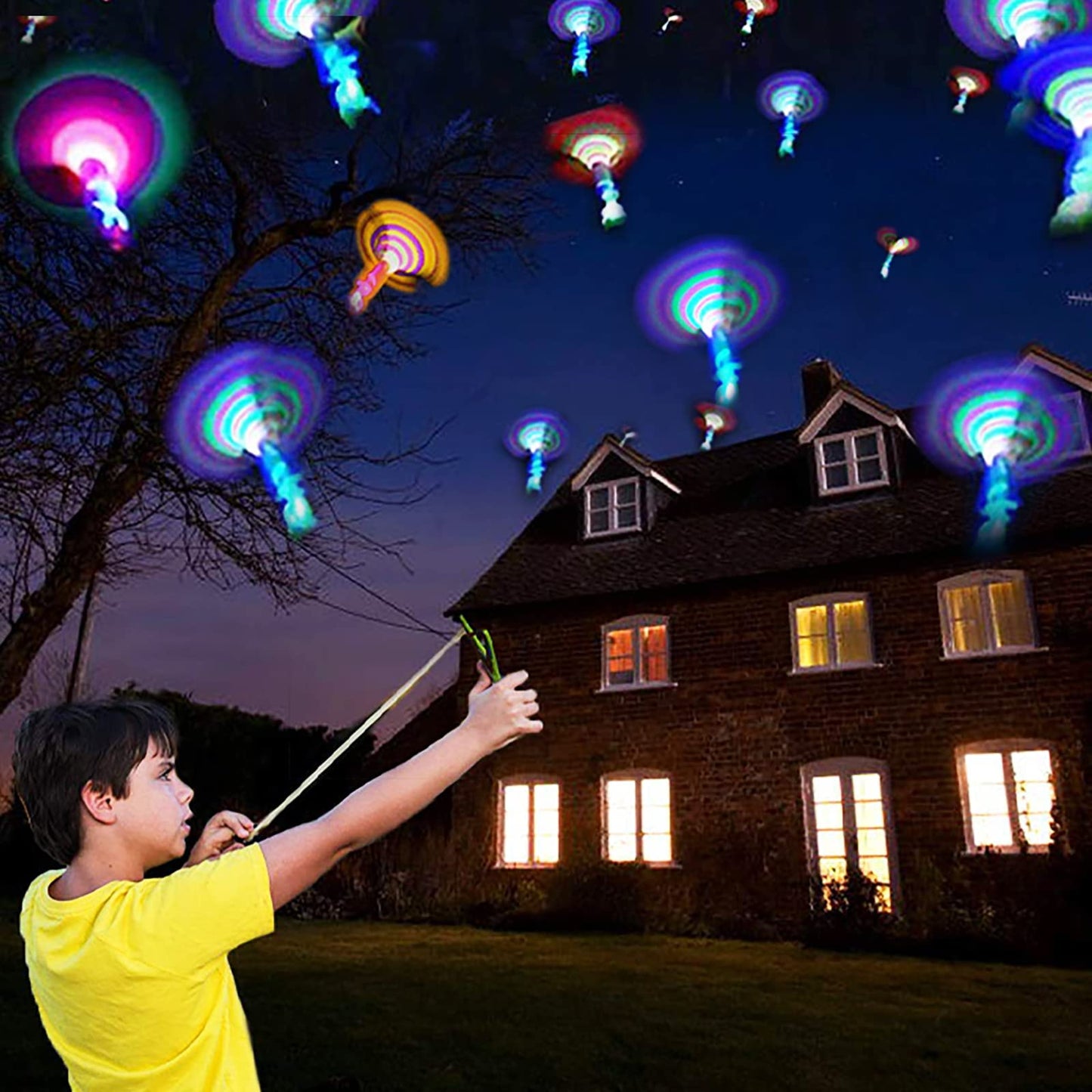 JX Rocket Slingshot LED Helicopters — 12 LED Flying Toys + 12 Launchers for Night Glow Outdoor Fun
