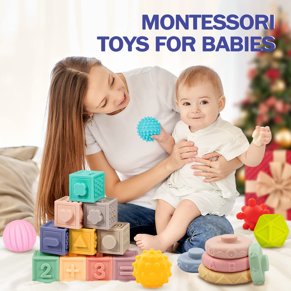 Jyusmile Baby Toys 6-12 Months – Montessori Blocks, Soft Teethers & Sensory Balls